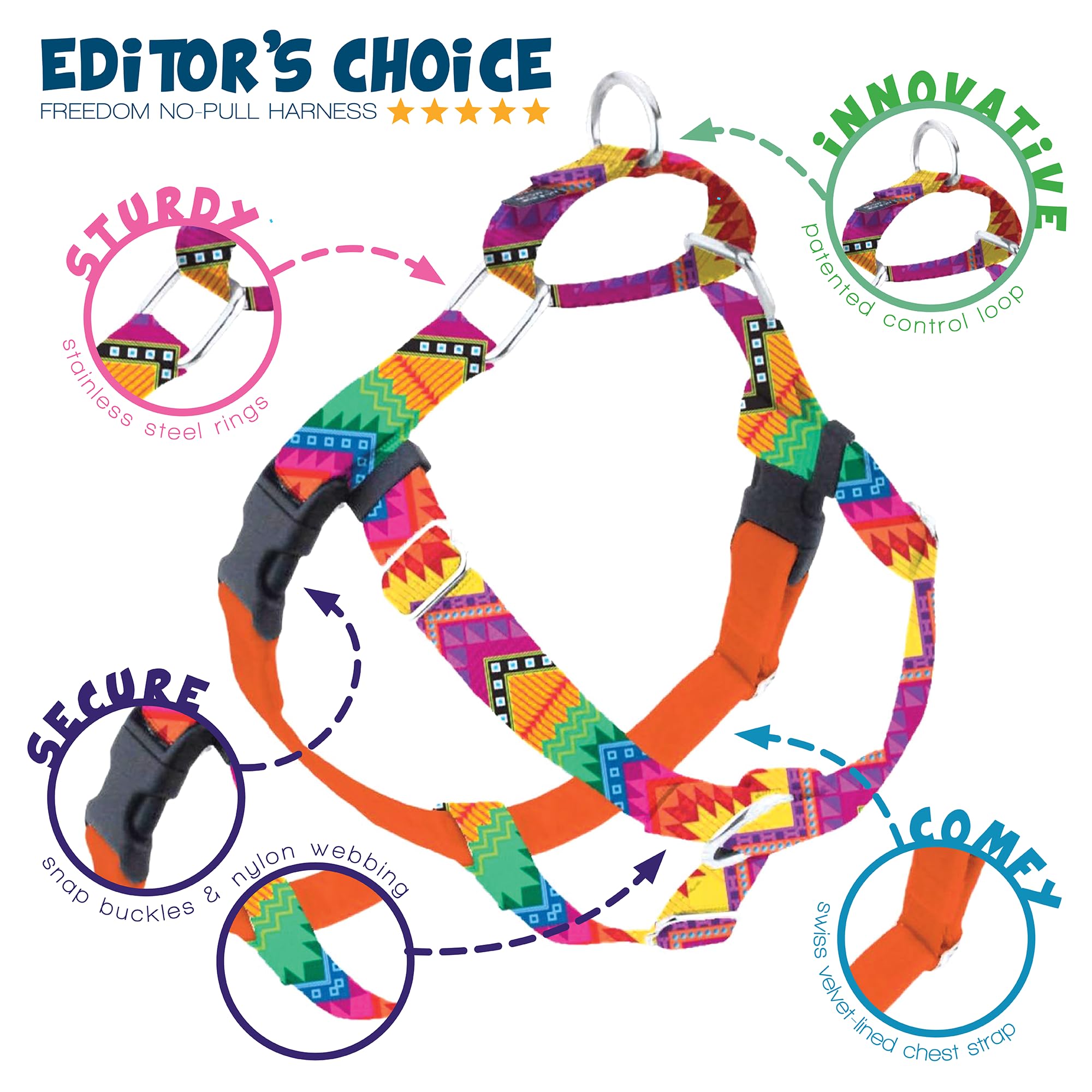 2 Hounds Design - Freedom No-Pull Harness & Training Leash In Multi-Color | Dual Leash Loops, No Pulling On Walks | Lined To Pre