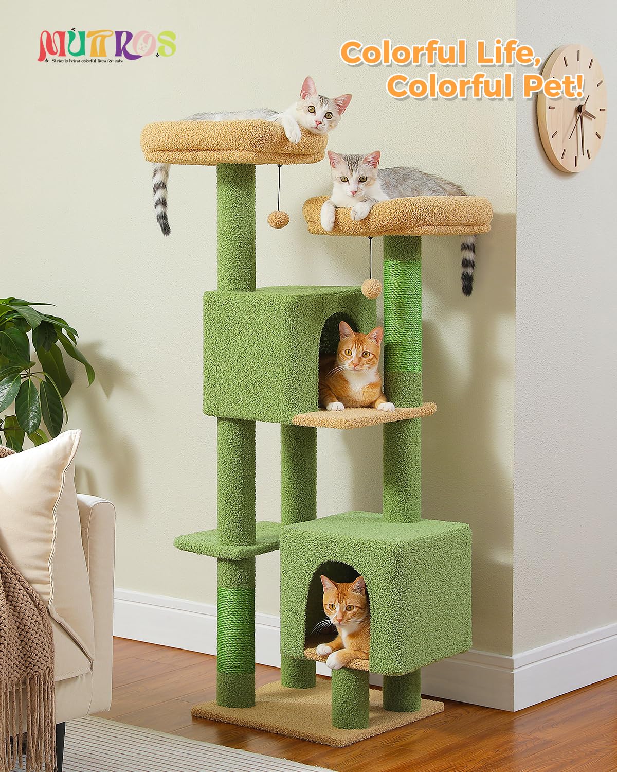 Muttros Cactus Cat Tree, 52.4'' Cat Tower For Indoor Cats, Cute Cat Tree With 2 Padded Perches, 2 Condos & 2 Scratching Posts, G