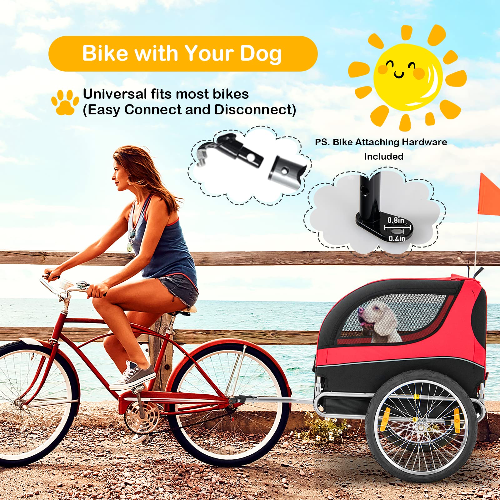 Dog Bike Trailer - Happaws Dog Trailer For Bicycle, Cargo Cycle Trailers Wagon Cart Pet Bike Carrier W/ 3 Doors, Aluminum Wheels, Safety Flag, Easy To Connect&Disconnect, Collapsible To Store