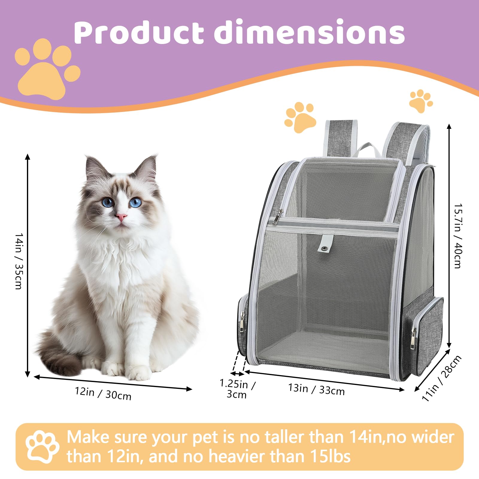 Cat Backpack Carrier Large Pet Backpack For Small Dog Medium Cat Puppy Kitten Bunny Up To 15Lbs, Ventilated Mesh Dog Collapsible