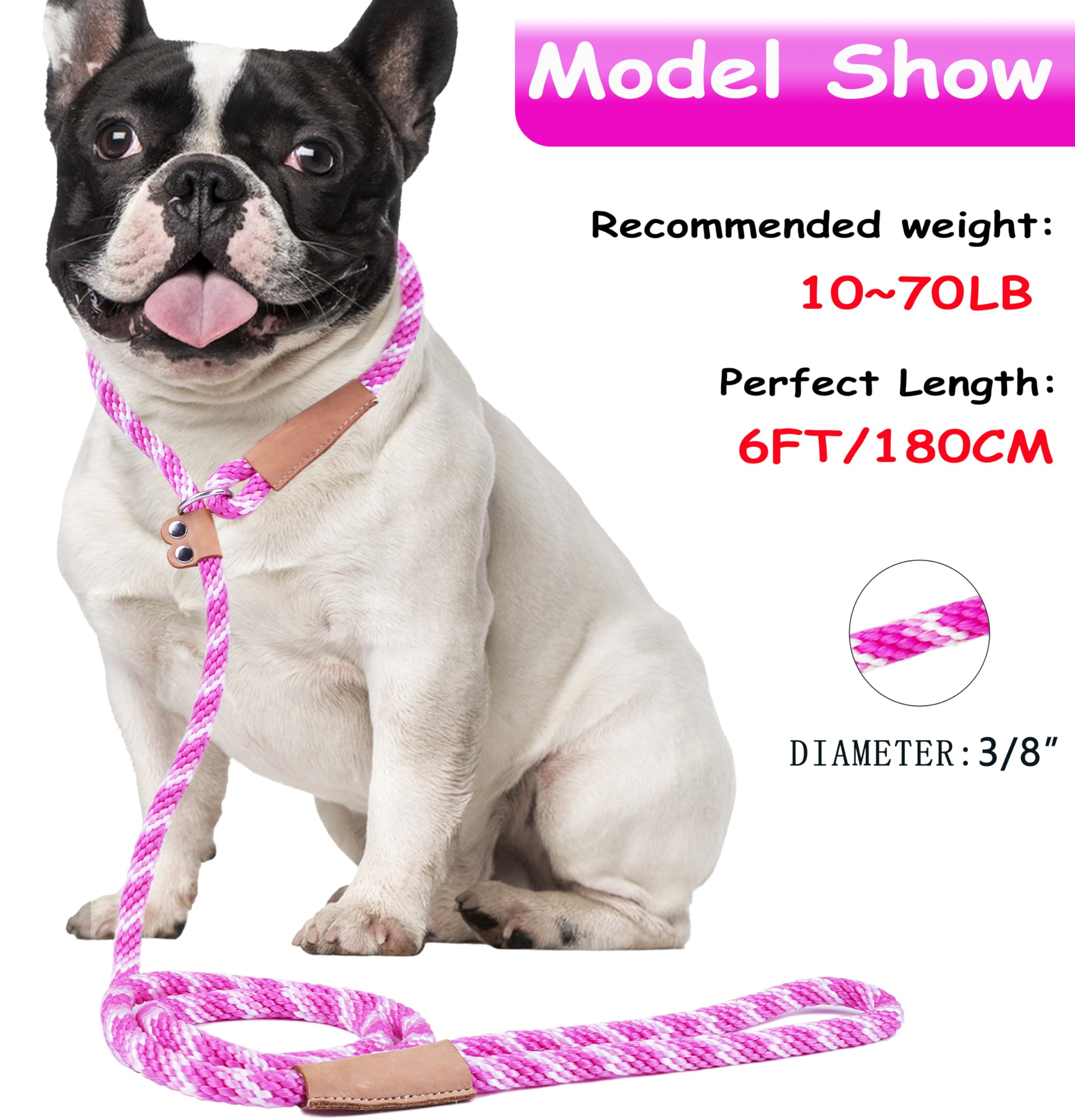 Classic Braided Rope Dog Leash - 6 Ft Slip Lead For Dogs (Pink, 3/8'')