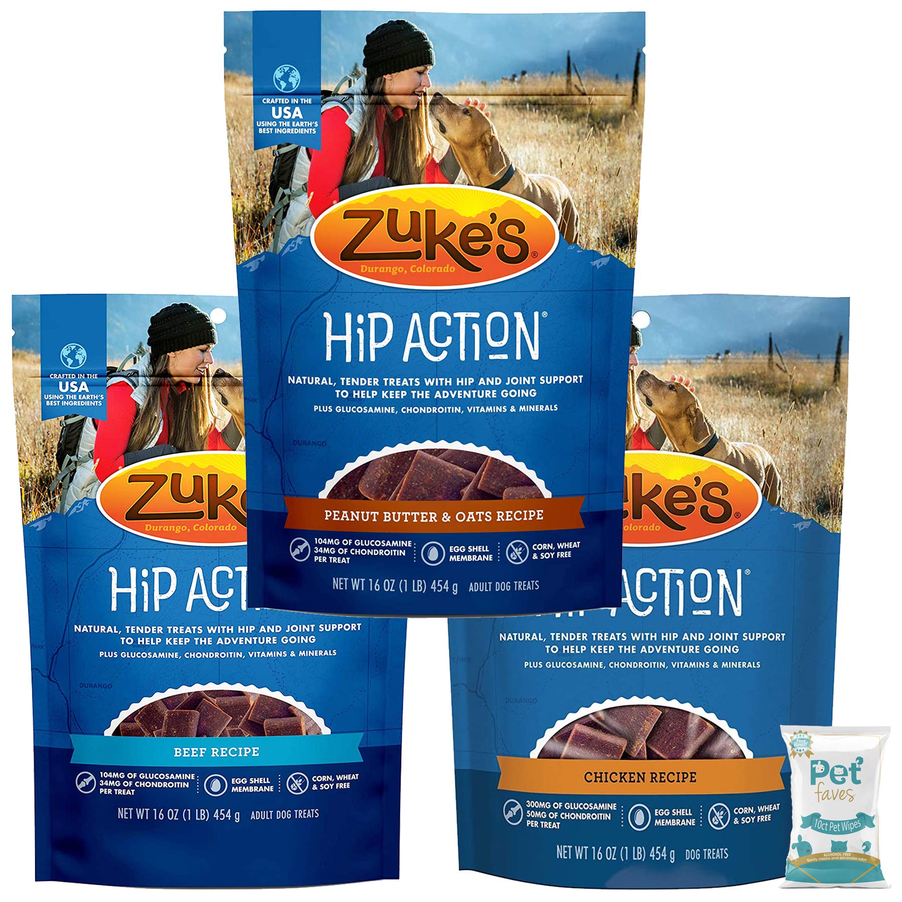3 Pack Zuke Hip Action Hip & Joint Support Treats for Dogs 3 Flavor: (1) Roasted Beef Recipe, (1) Fresh Peanut Butter Formula, a