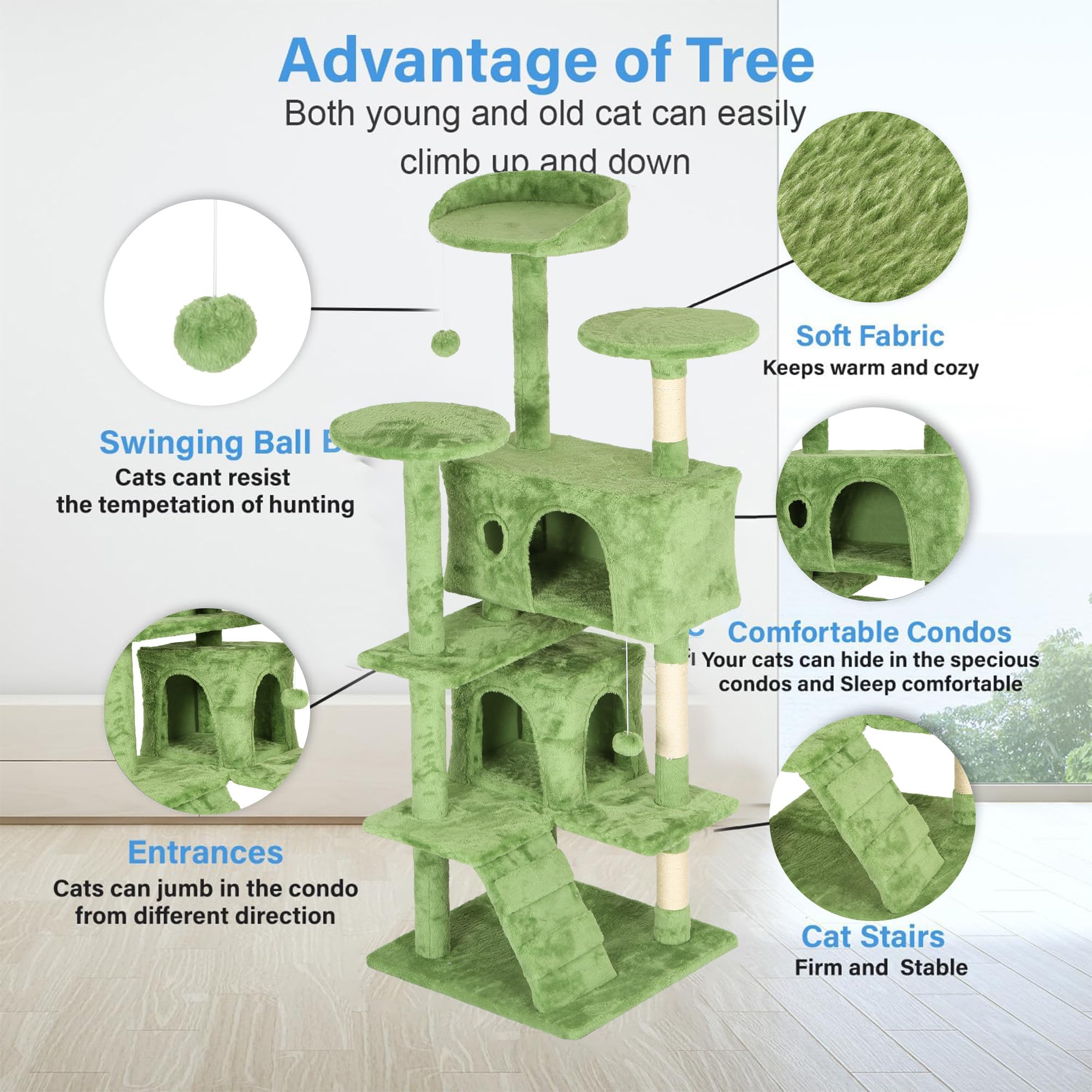 FDW | 54 Cat Tree Tower | Green | Multi-Level Indoor Activity Center with Sisal Scratching Posts, Condos, Plush Perches, Hanging