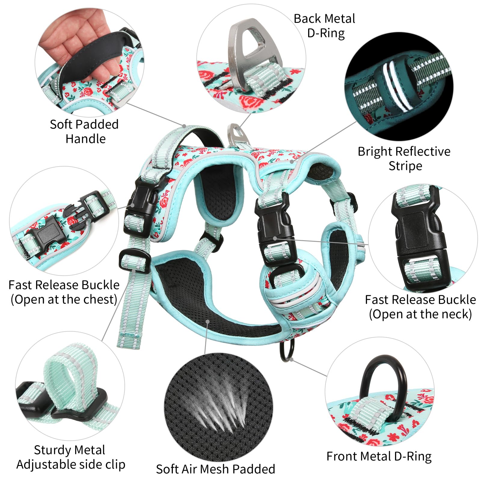 Timos No Pull Dog Harness, Release At Neck Reflective 3 Snap Buckles Adjustable No Choke Pet Vest With Front & Back 2 Leash Clip