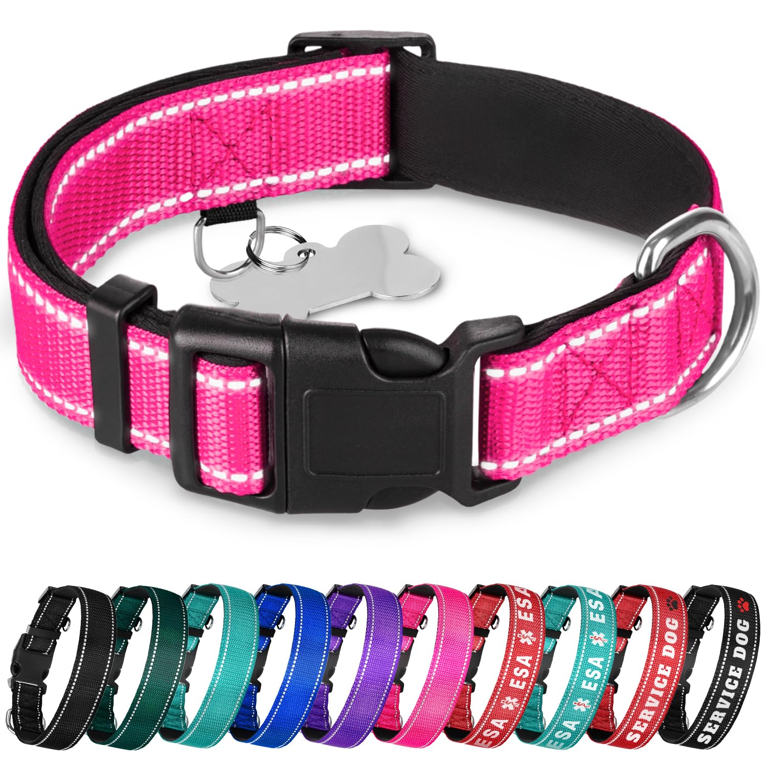 Teceum Reflective Pet Collar - Hot Pink - L - Extra Soft Padding - Basic Nylon Dog Collar - Quick Release Buckle - Fits Small, M