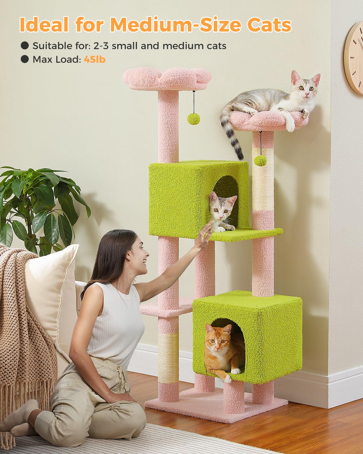 Muttros Flower Cat Tree, 52.4'' Cute Cat Tower For Indoor Cats With 2 Flower Padded Perches, 2 Condos & 2 Scratching Posts, Pink