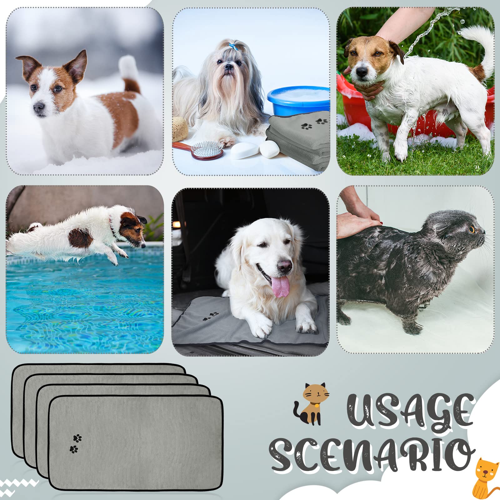 Tegeme 4 Pack Microfiber Dog Towels - Soft, Absorbent Pet Bath Towel for Dogs & Cats, Gray, 27.5 x 55 Inch, Embroidered Paw