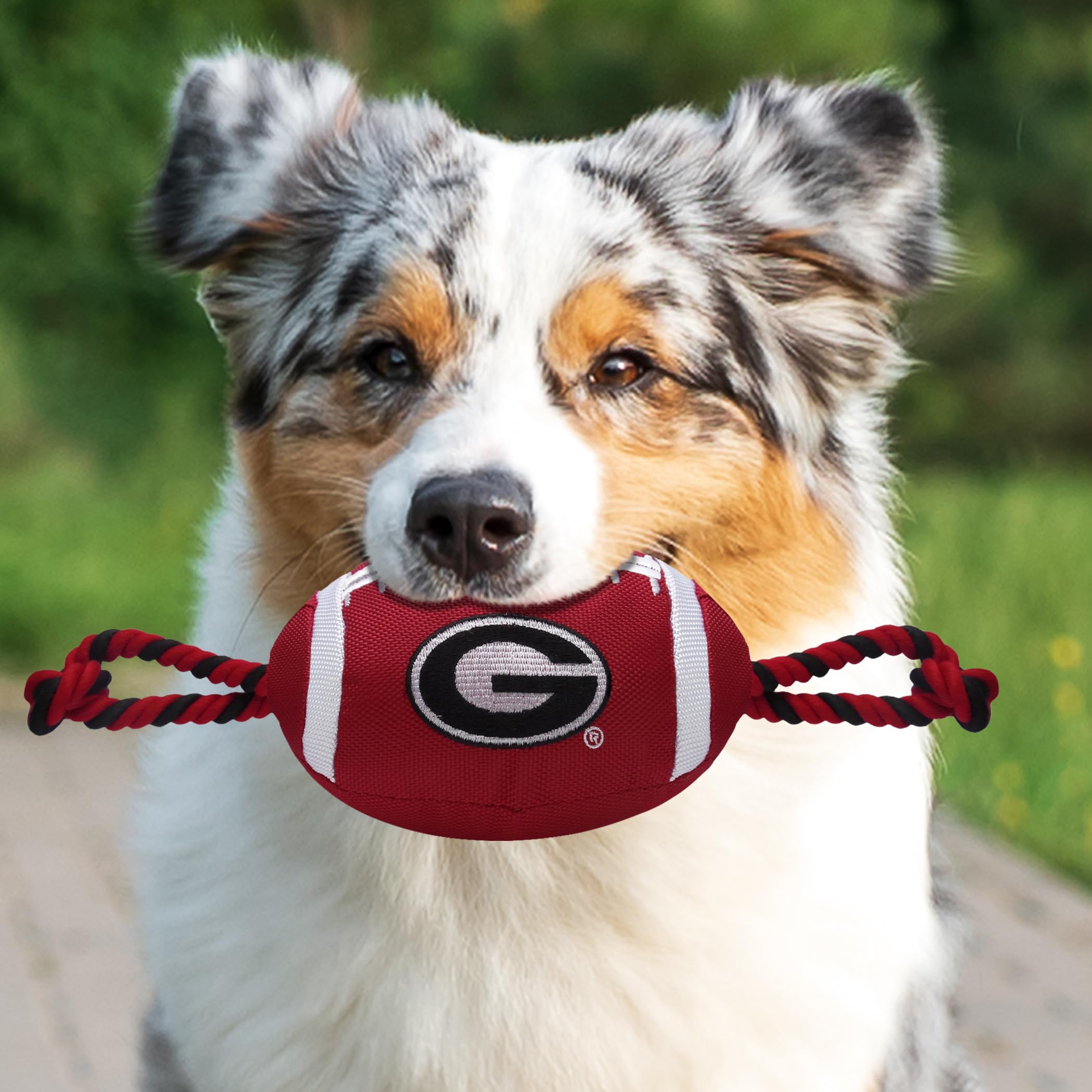 Pets First NCAA Georgia Bulldogs Football Dog Toy, Tough Quality Nylon Materials, Strong Pull Ropes, Inner Squeaker, Collegiate