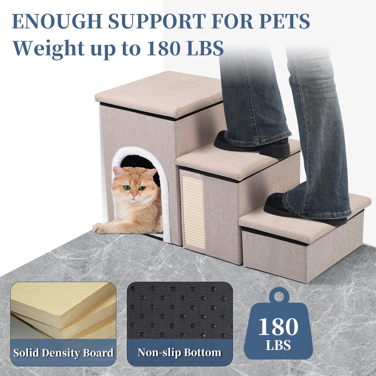 Pet Steps For Bed And Couch, 17''H Foldable Stairs For Small Older Dogs And Cats, Adjustable With Storage, Ramps With Condo, Scr