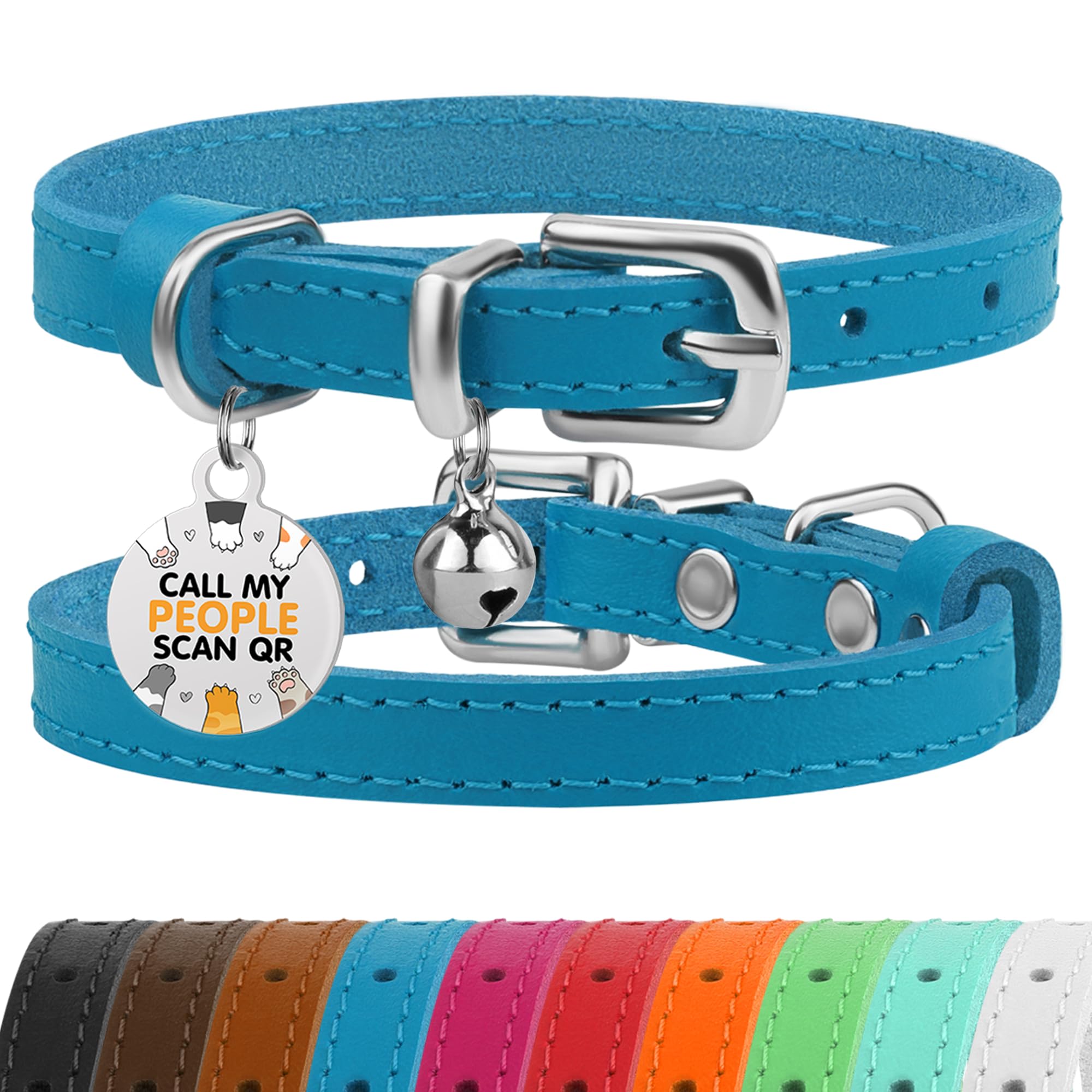 Bronzedog Leather Cat Collar With Removable Bells Non Breakaway Kitten Qr Tag For Girl Boy (7' - 9' For Cats, Blue & Silver)