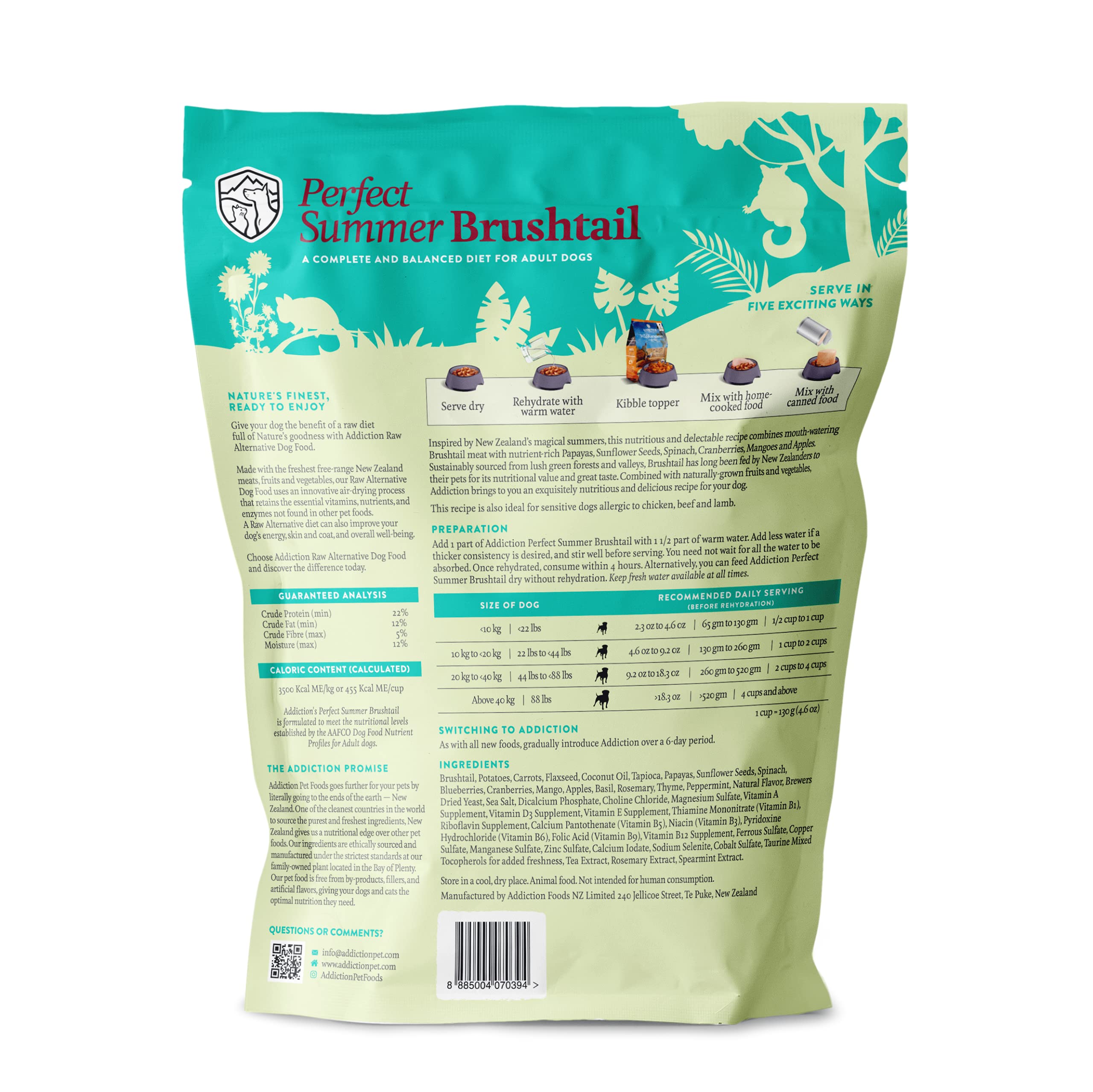 Addiction Perfect Summer Brushtail Air-Dried Grain-Free Dog Food - Complete Meal or Topper with Natural Ingredients for Digestiv
