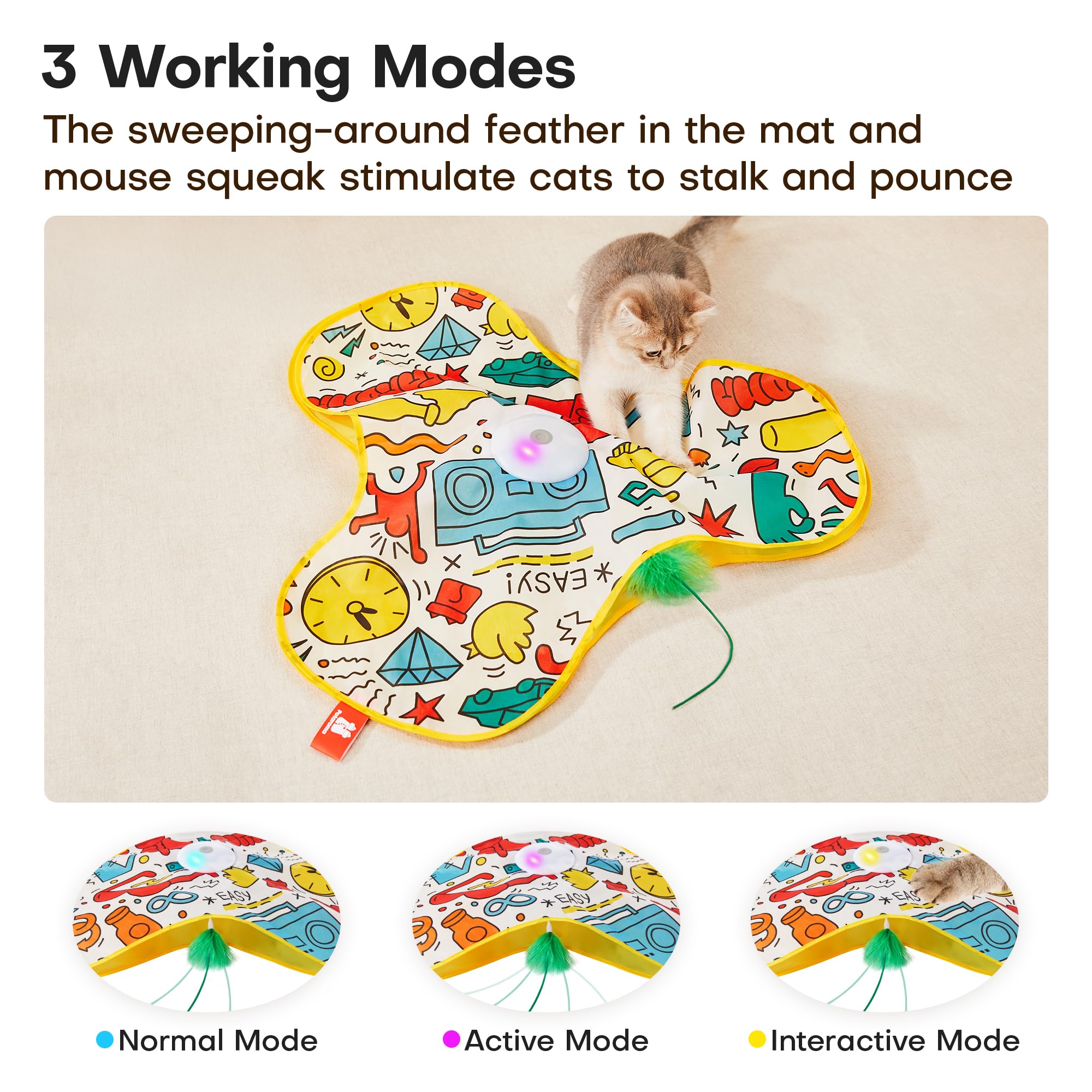 Potaroma Interactive Cat Feather Toys, Hide And Seek Concealed Moving Feather Wand, Rechargeable Touch Activated Indoor Kitten E