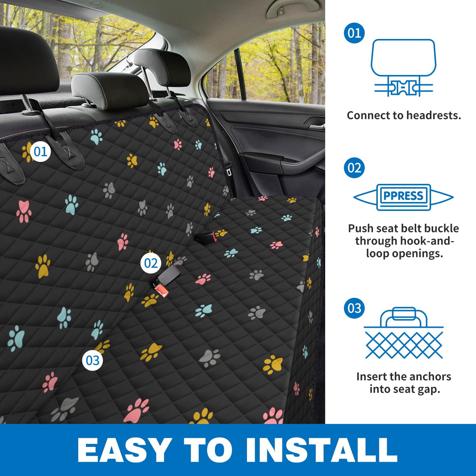 Beneathyourfeet Dog Seat Cover (56'' W X 62'' L, Colored Paw Prints) Scratch Prevention Dog Car Seat Cover For Back Seat Waterpr