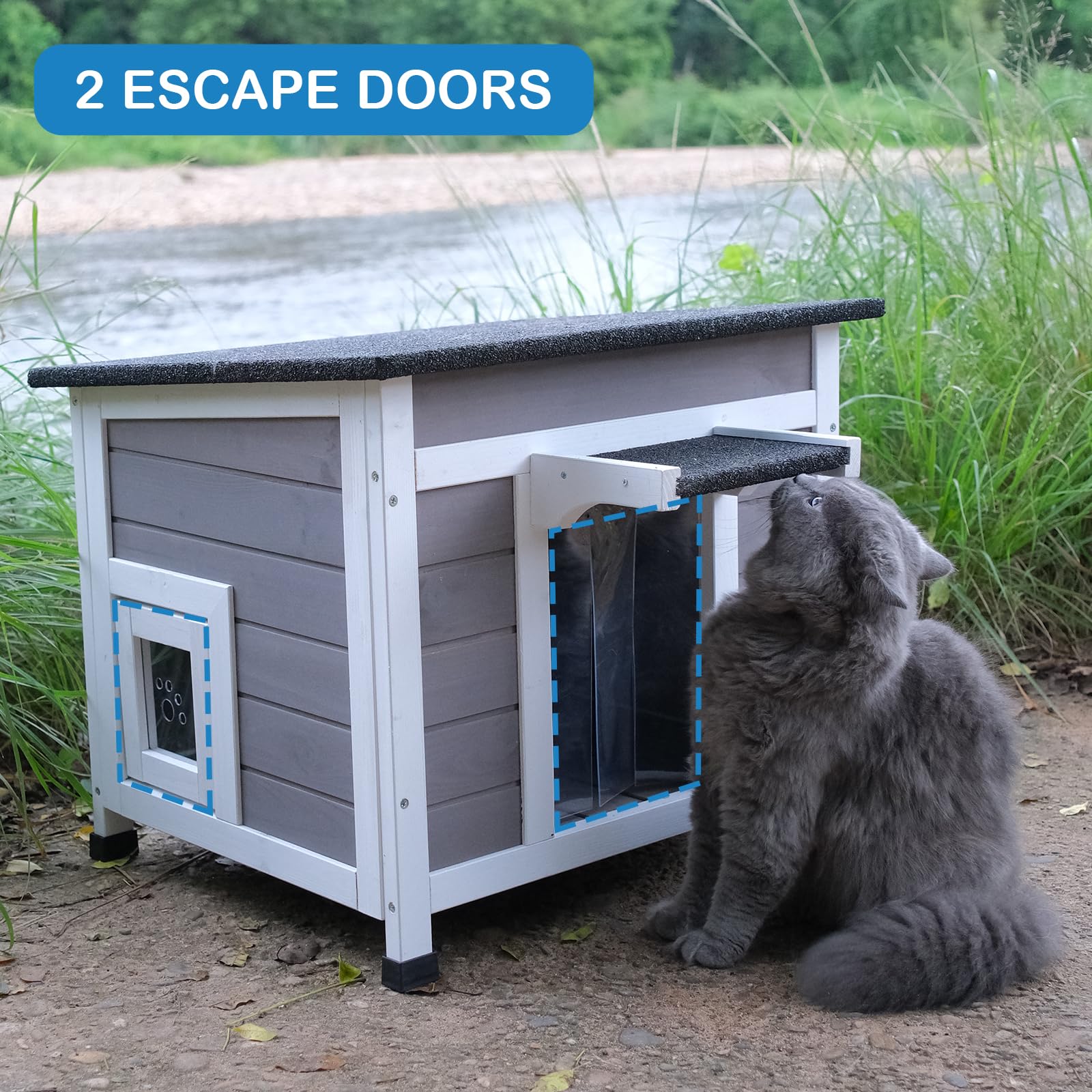 Cat House Outdoor For Feral Cats - Winter Shelter With Openable Roof & 2 Escape Doors