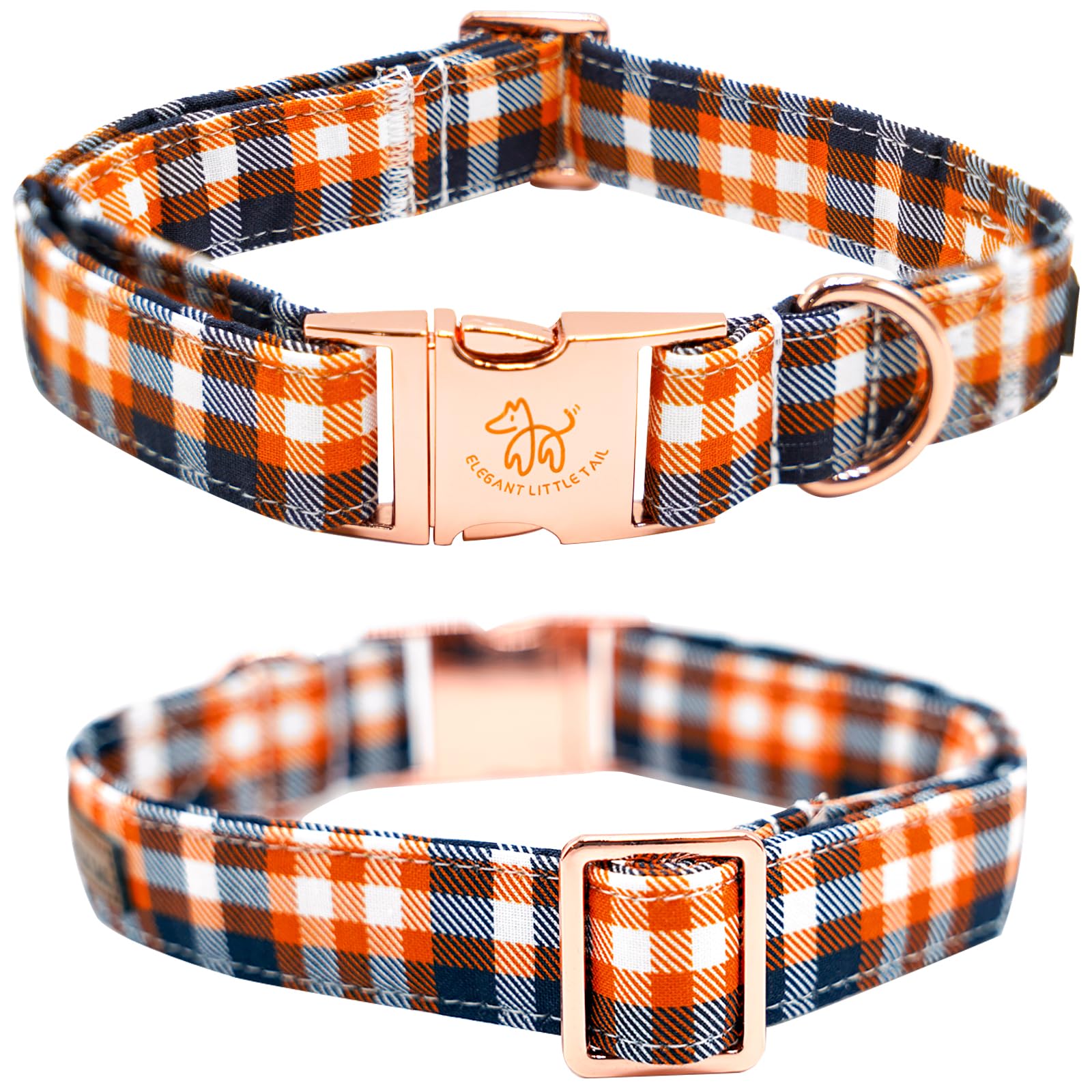 Elegant Little Tail Dog Collar, Fall Dog Collar Orange Plaid Pet Collar Dog Girl Boy Pet Collar Puppy Collar Cotton With Metal B