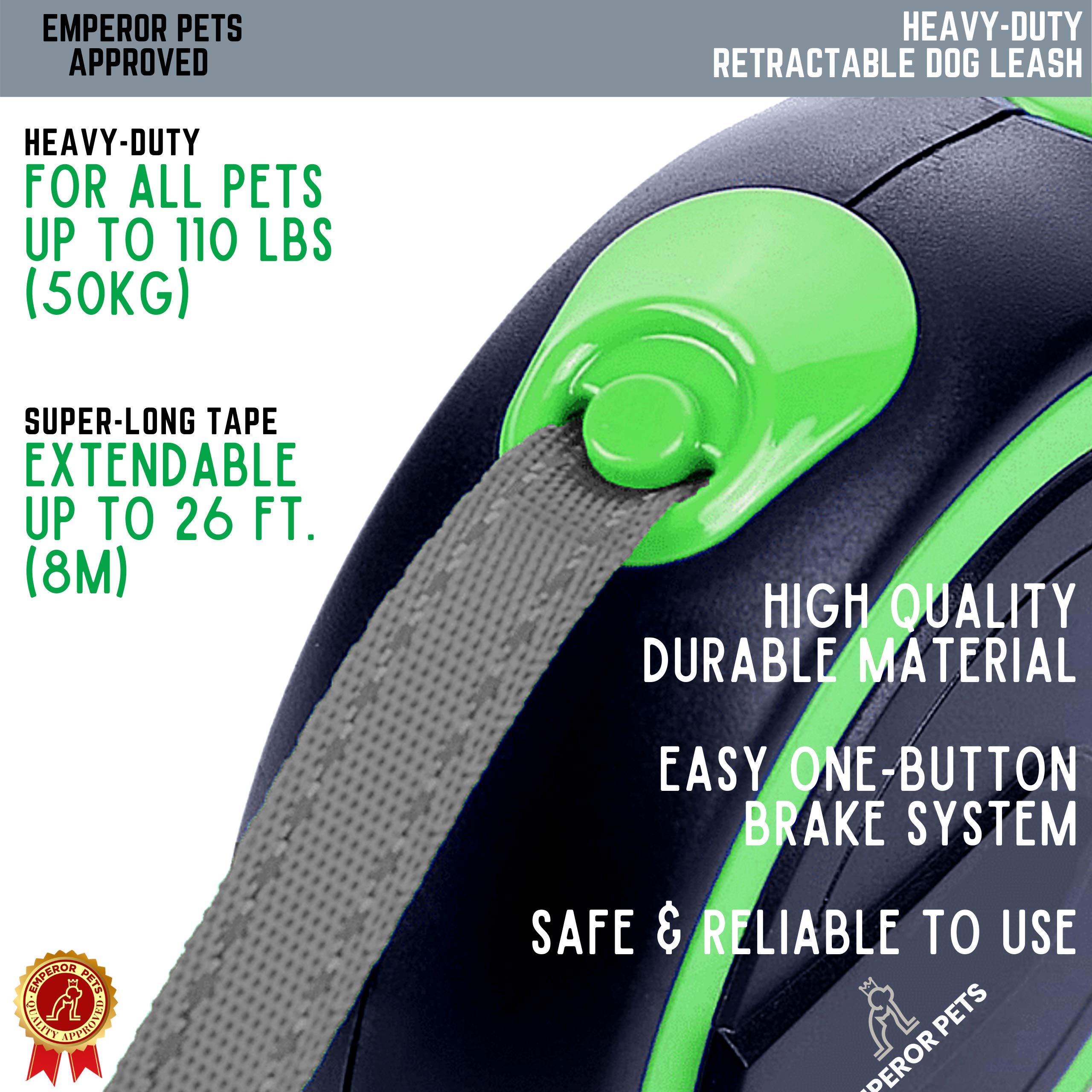 EMPEROR PETS Retractable Dog Leash for Large Dogs, Heavy Duty 26 ft Nylon, Green, Up to 110lb, Model EMP-HQL1-GN26