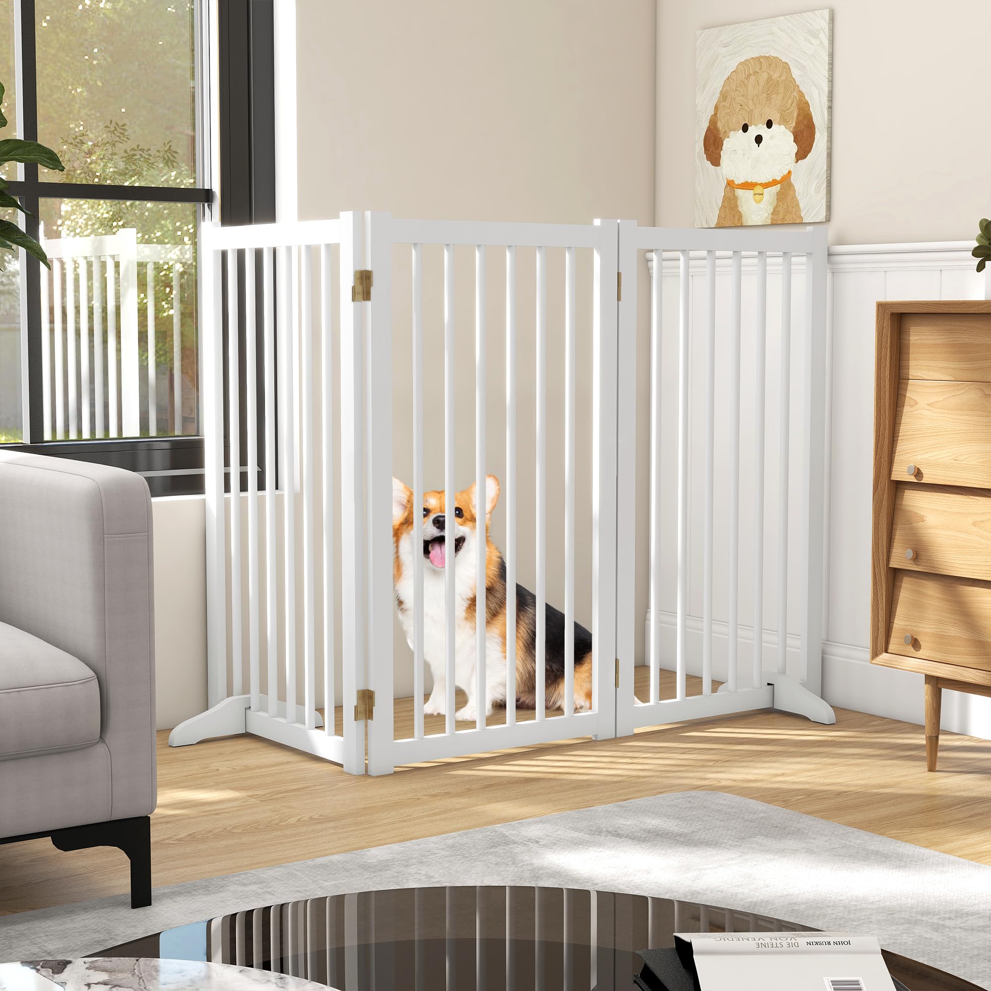 36  H Freestanding Pet Gate, Solid Wood Foldable Dog Gate with Support Feet, Wooden Tall Dog Gate for Doorway, Stairs & Indoor U