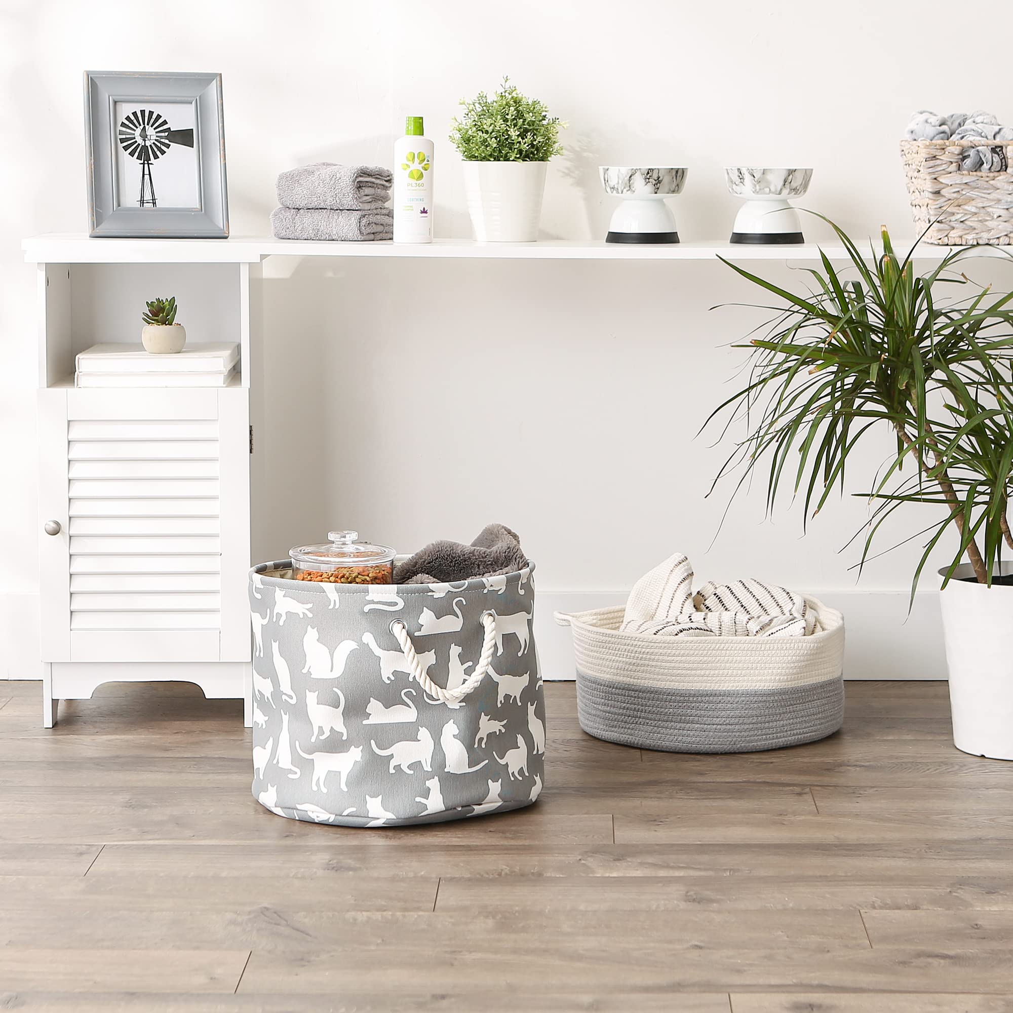 POLYESTER PET BIN CATS MEOW GRAY ROUND MEDIUM 12x15x15