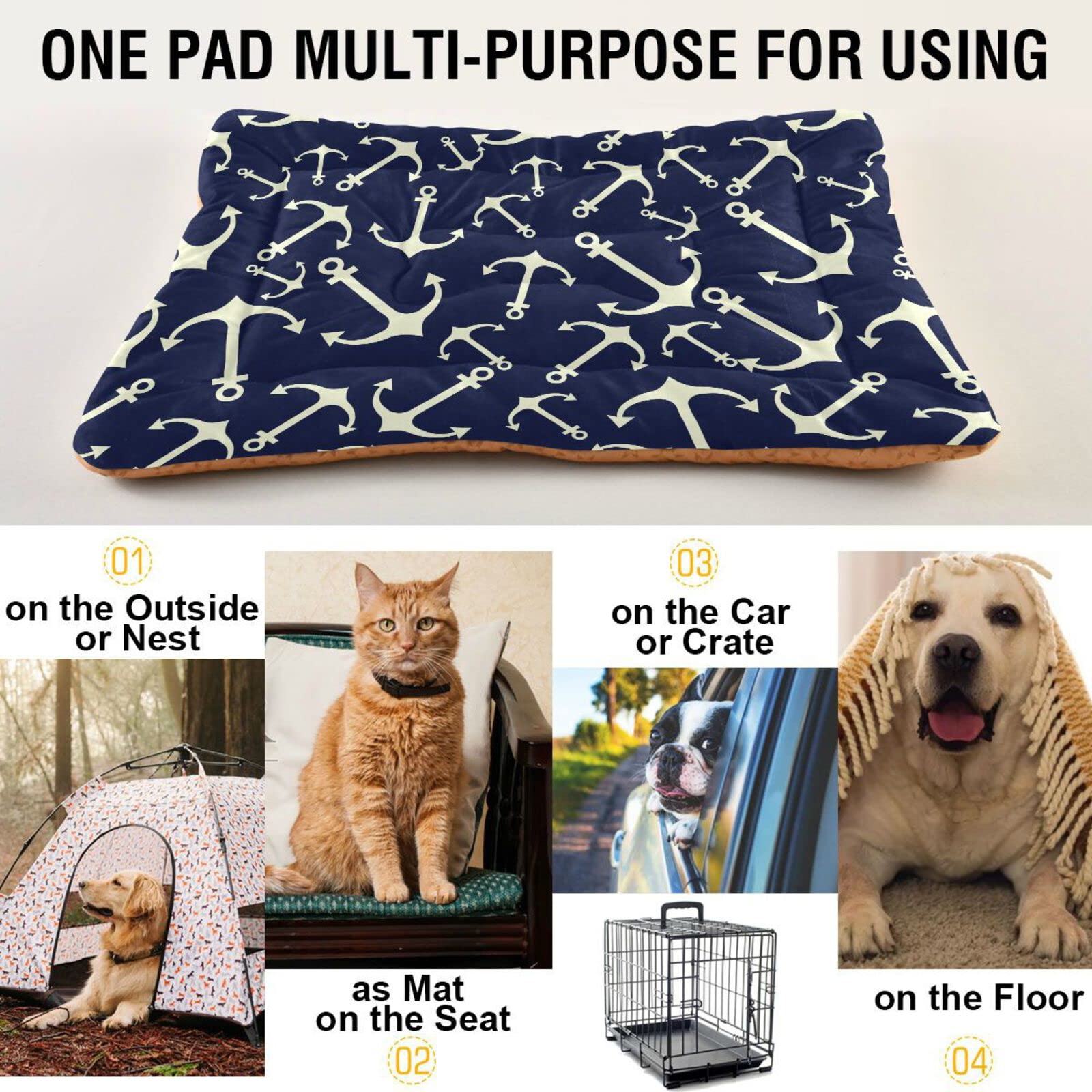 Emelivor Dog Cat Bed - Washable Anti-Slip Kennel Pad, 24x18in, Polyester, Marine Color, Model g305888798p519
