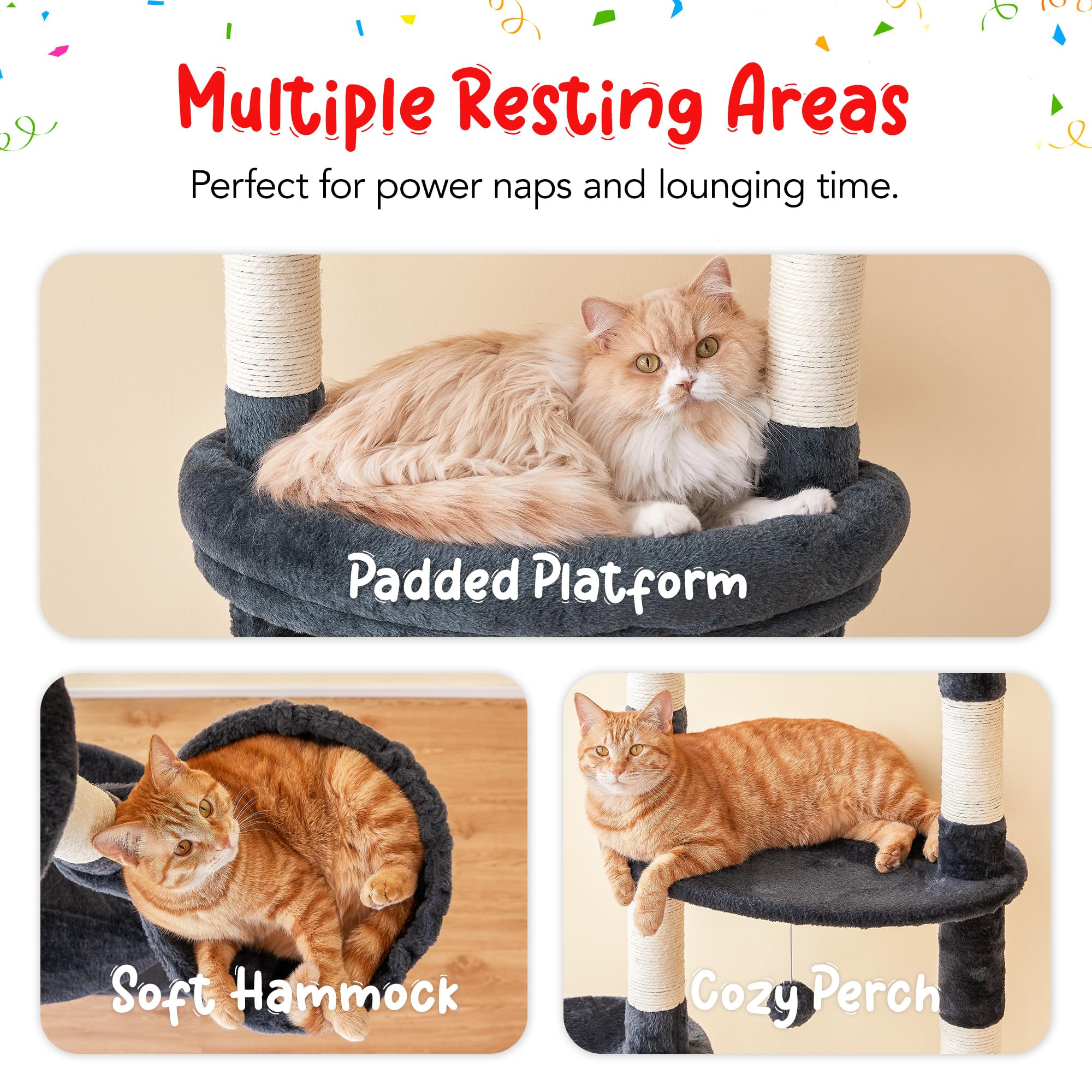 Furcato Cat Tree, Floor To Ceiling Cat Tower Adjustable Height [92-102 Inches=234-258Cm], 7 Tiers Cat Climbing Tree With Hammock