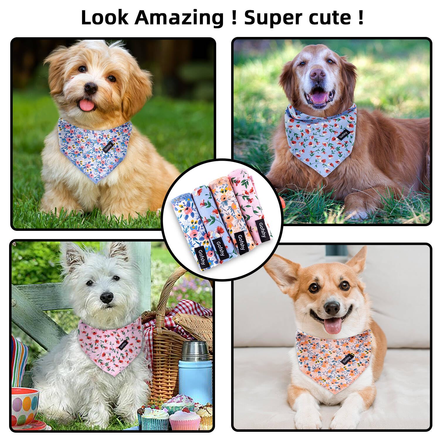Gofshy Spring Dog Bandanas Small-4PCS Puppy Bandana Orange Pink Blue Floral Printing Dog Bib Handkerchief Scarf Breed Accessorie