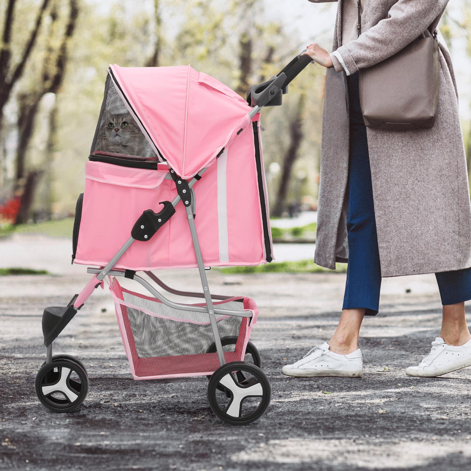 Monibloom 3-Wheels Foldable Pet Stroller With Waterproof Cover, Pet Strolling Cart For Small/Medium Dogs And Cats With Storage Basket And Cup Holder, Breathable And Visible Mesh For All-Season, Pink