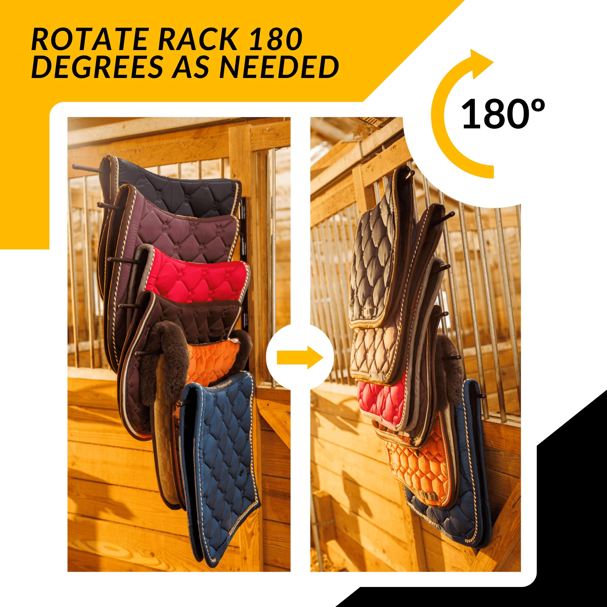 Saddle Pad Rack - Horse Blanket Holder | Heavy Duty 180 Degree Swing-Out Wall Mount | Six (6) Well-Spaced, Extra-Long Rack Arms