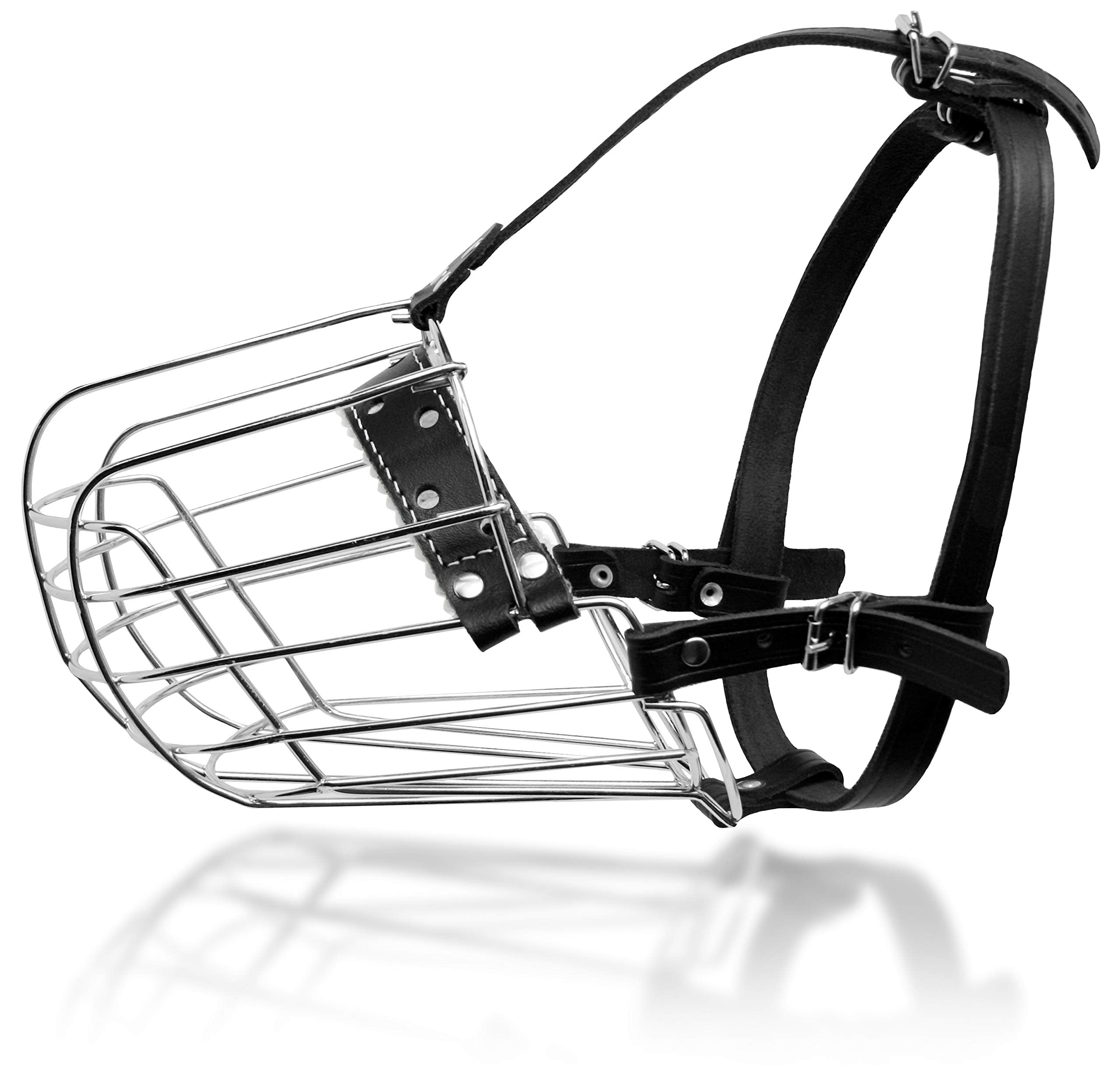 Dog Chrome Metal Muzzles Wire Basket Adjustable Leather Straps (?5+) Circumference Is 12.2-13 In, Length Is 4.7-5.1 In