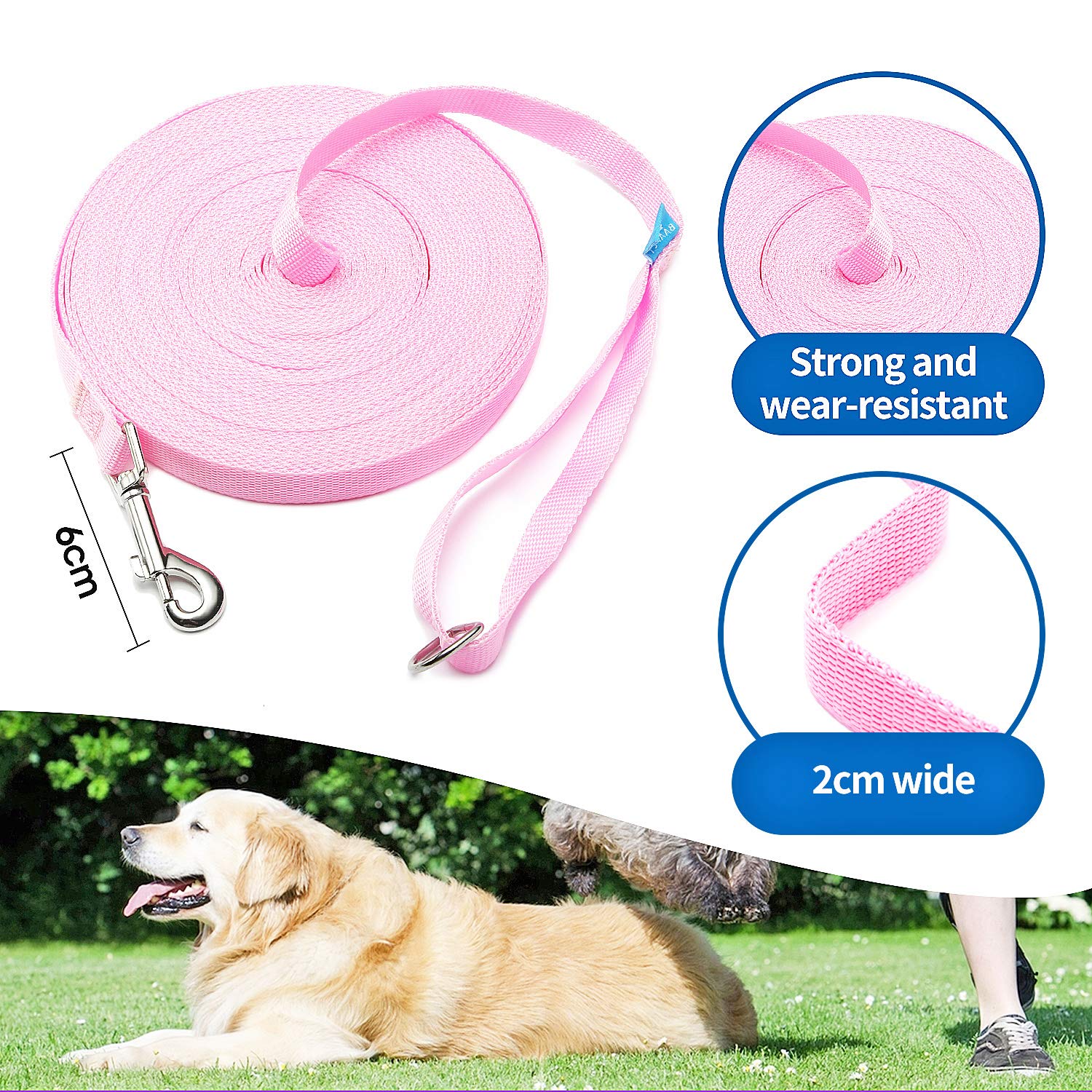 Baapet 15 Ft 20 Ft 30 Ft 50 Ft 100 Ft Long Dog Training Leash For Dog Training, Play, Camping, Or Backyard Lead With Training Clickers For Small, Medium And Large Dogs Or Cats (20 Feet, Pink)