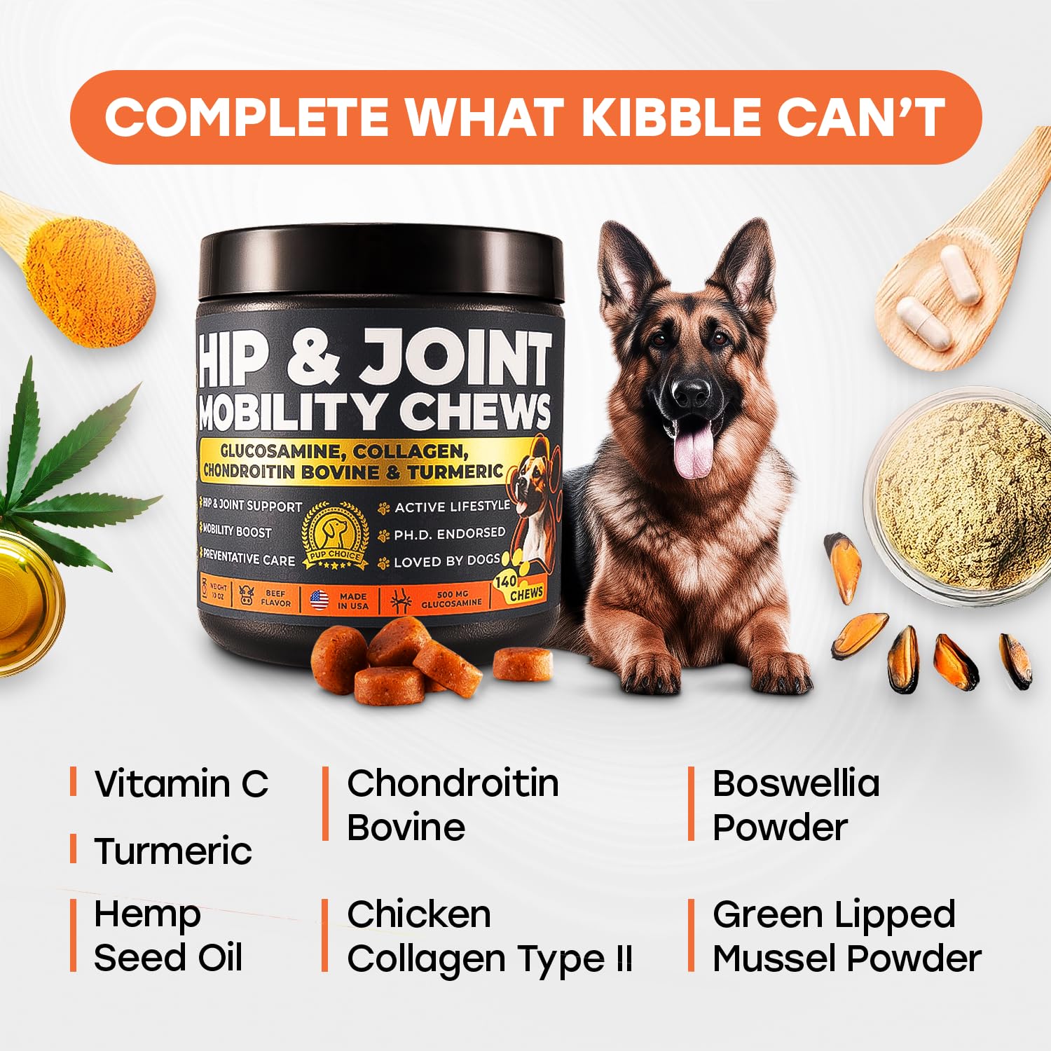 Glucosamine for Dogs 500mg - Hip & Joint Support Treats with Collagen, Chondroitin & Turmeric - PhD Endorsed Formula - Mobility