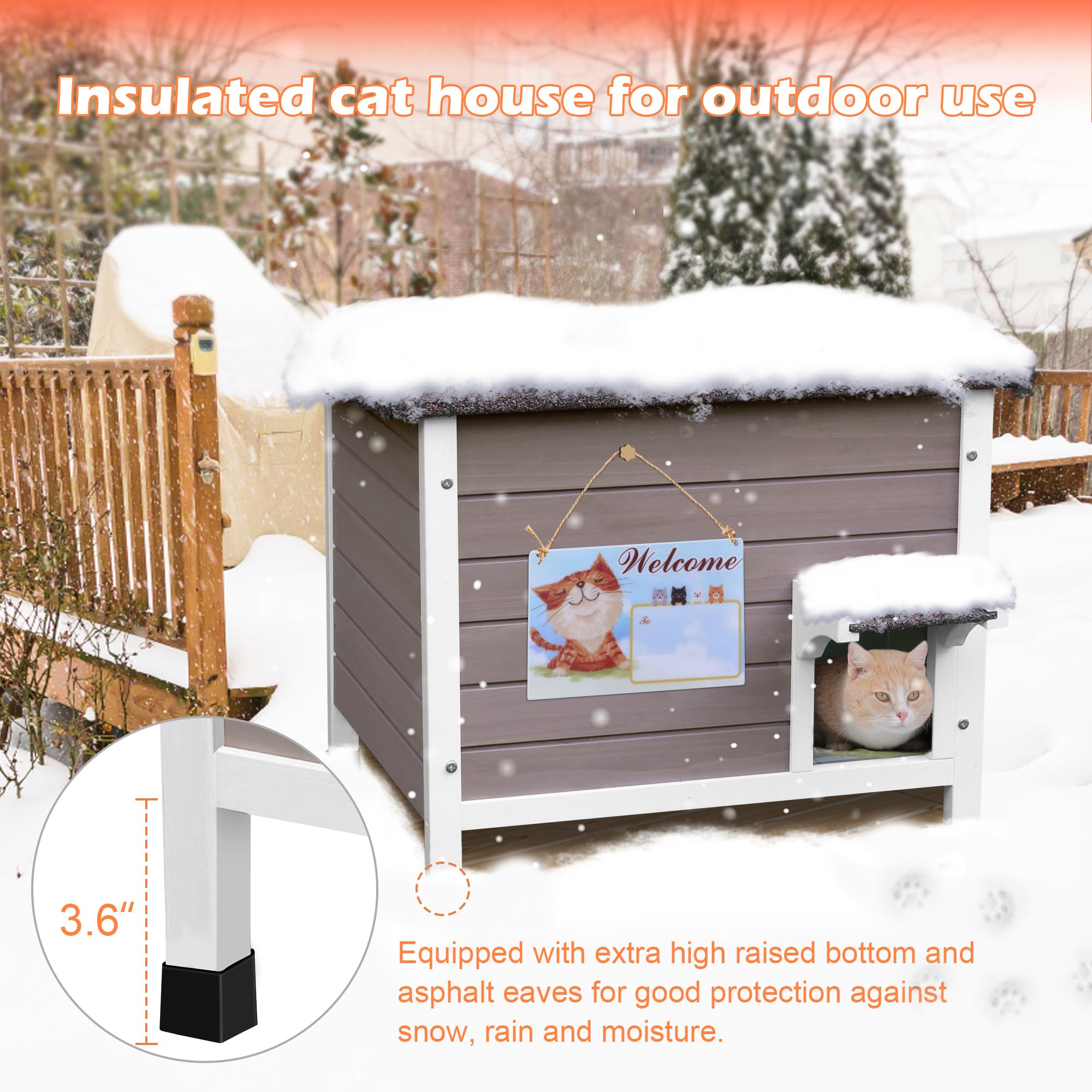 Deblue Insulated Cat Houses For Outdoor Cats, Weatherproof Feral Cat House With All-Round Foam, Wooden Cat Shelter For Multiple