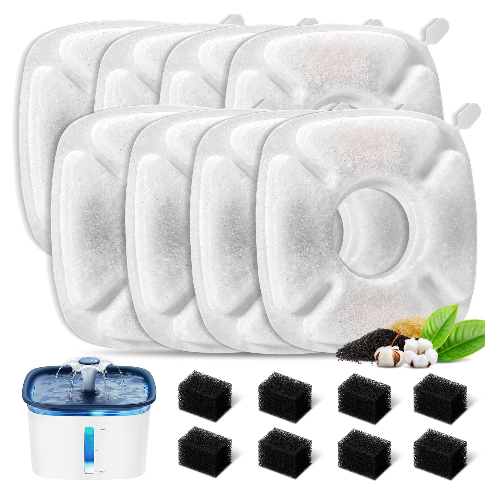 16 Pcs Cat Fountain Replacement Filters:8 Pack Cat Water Fountain Replacement Filters & 8 Pack Pre-Filter Sponges, Pet Fountain 