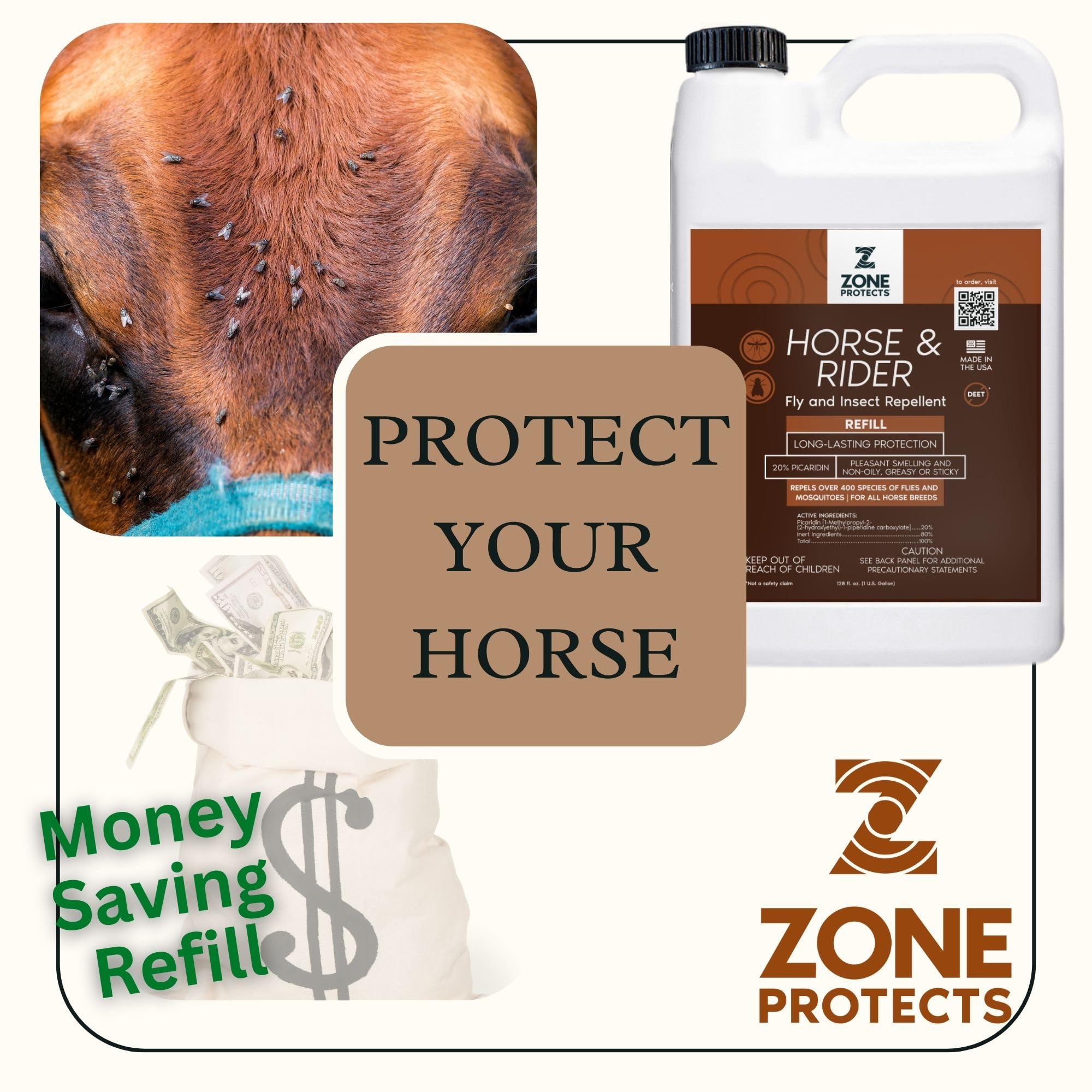 Zone Protects Horse & Rider Fly Insect Repellent; Gallon Refill; Picaridin Based; 12-Hr Protection Against 400 Fly Species; Ligh