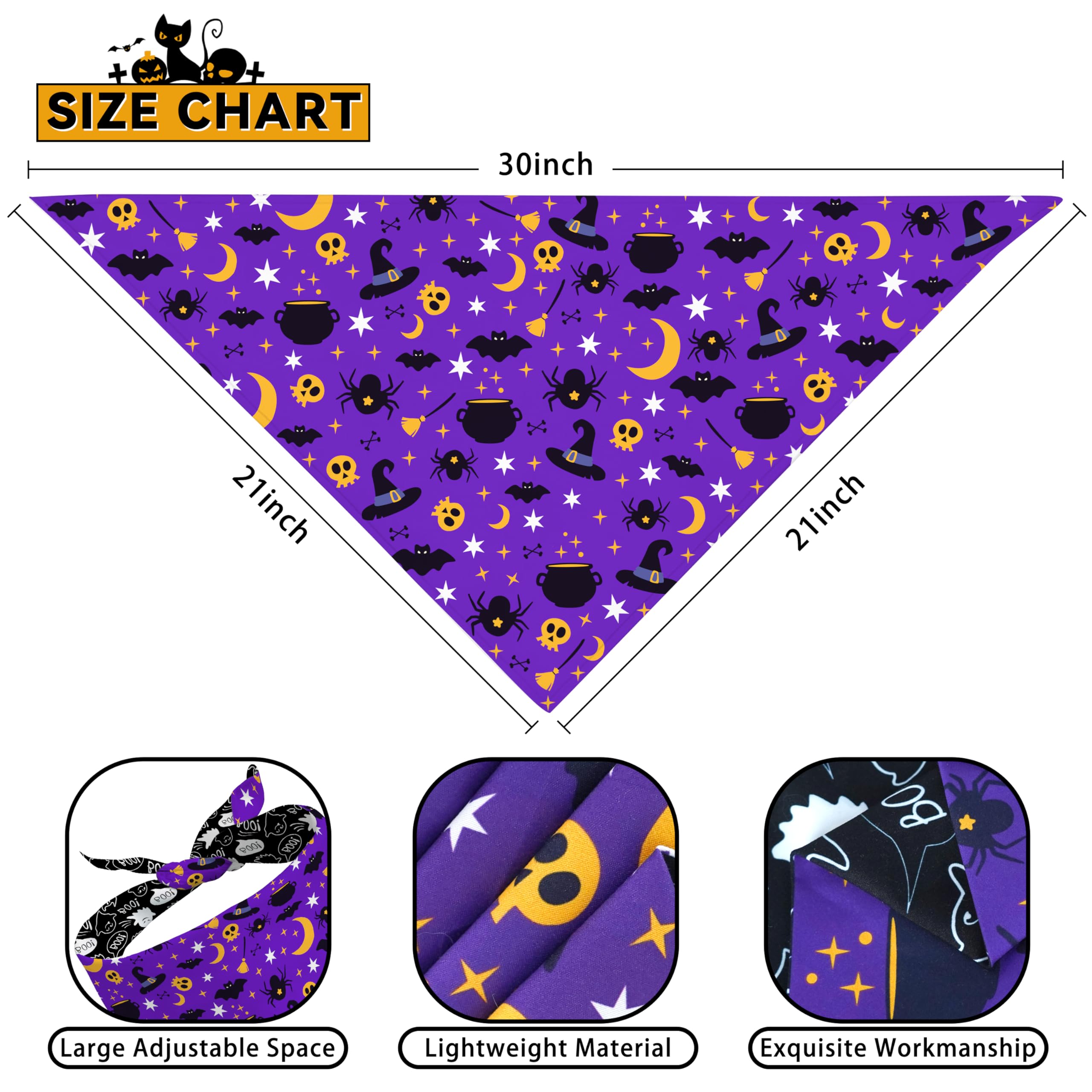 Fall Halloween Dog Bandanas Reversible 2 Pack Large, Orange Black Spider Web Ghost Cute Halloween Pet Bandanas For Dogs Adjustab