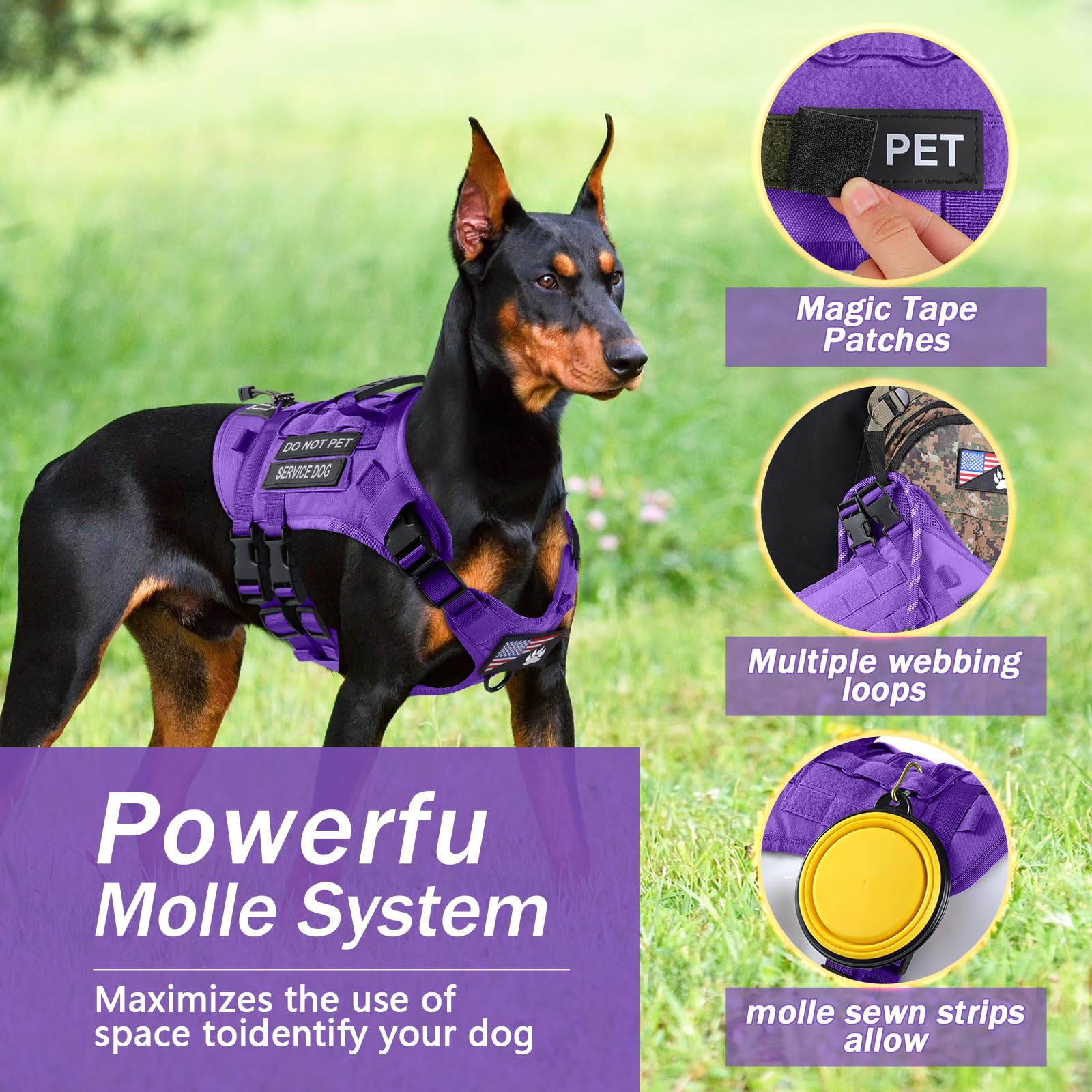 Yungaspy No Pull Tactical Dog Harness for Small Dogs, Escape Proof Molle Dog Vest Harness and Leash Set, Adjustable Military Ser