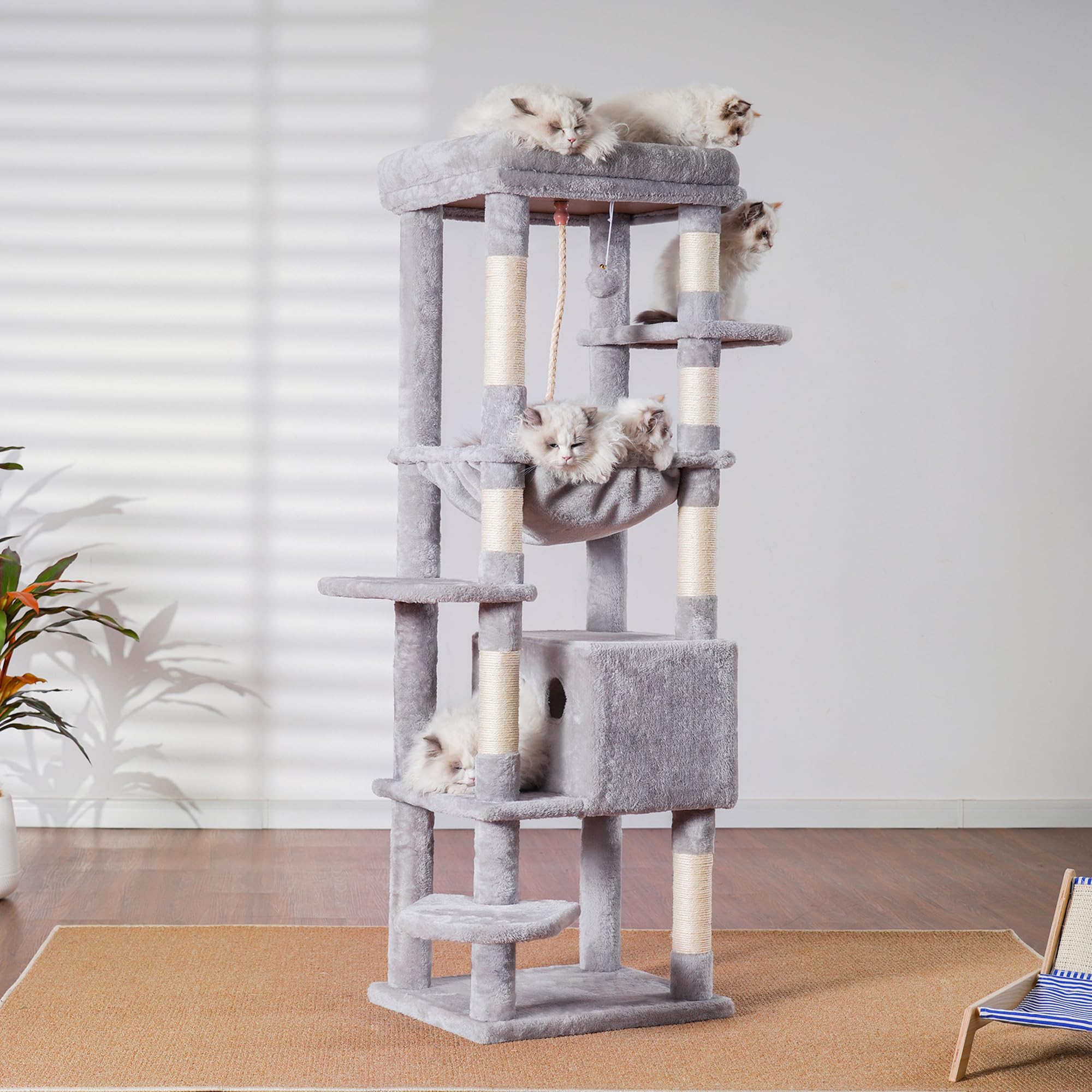 Heybly Cat Tree For Large Cats 20 Lbs Heavy Duty,60 Inches Xxl Cat Tower For Indoor Cats,Multi-Level Furniture Condo With Big Pa