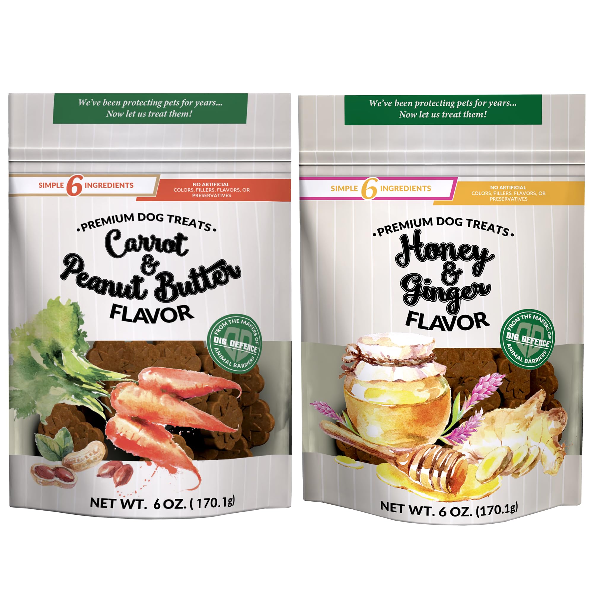 Dig Defence Premium Dog Treats - Honey/Ginger and Carrot/Peanut Butter, Natural Ingredients, Baked Gourmet Snacks for Small & Bi