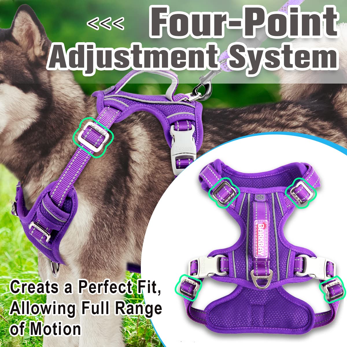 BARKBAY No Pull Dog Harness Front Clip Heavy Duty Reflective Easy Control Handle for Large Dog Walking with ID tag Pocket(Purple
