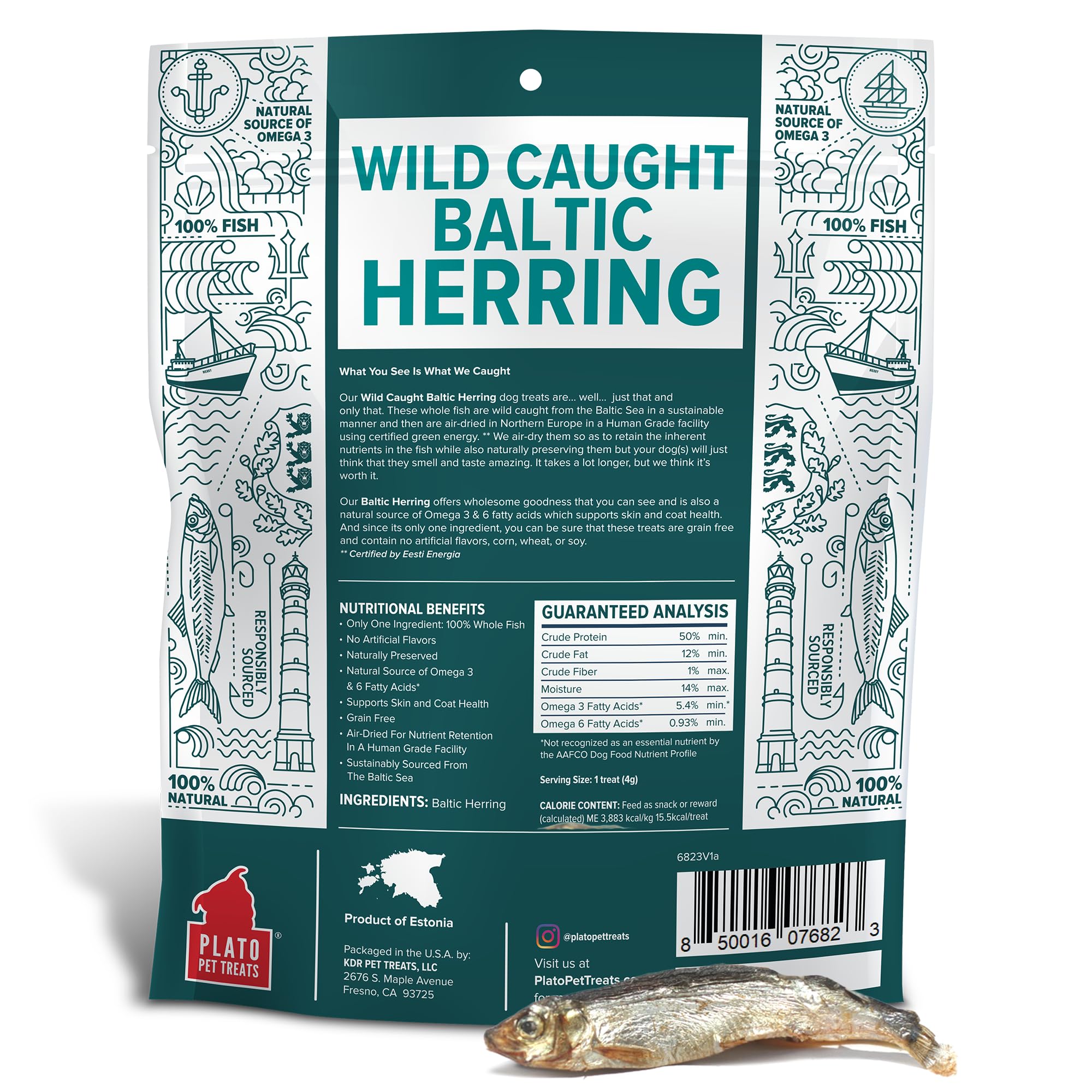 PLATO Pet Treats Fish Dog Treats - Air-Dried, Single Ingredient Dog Treat - with Omega 3 & 6 Fatty Acids to Support Skin and Coa