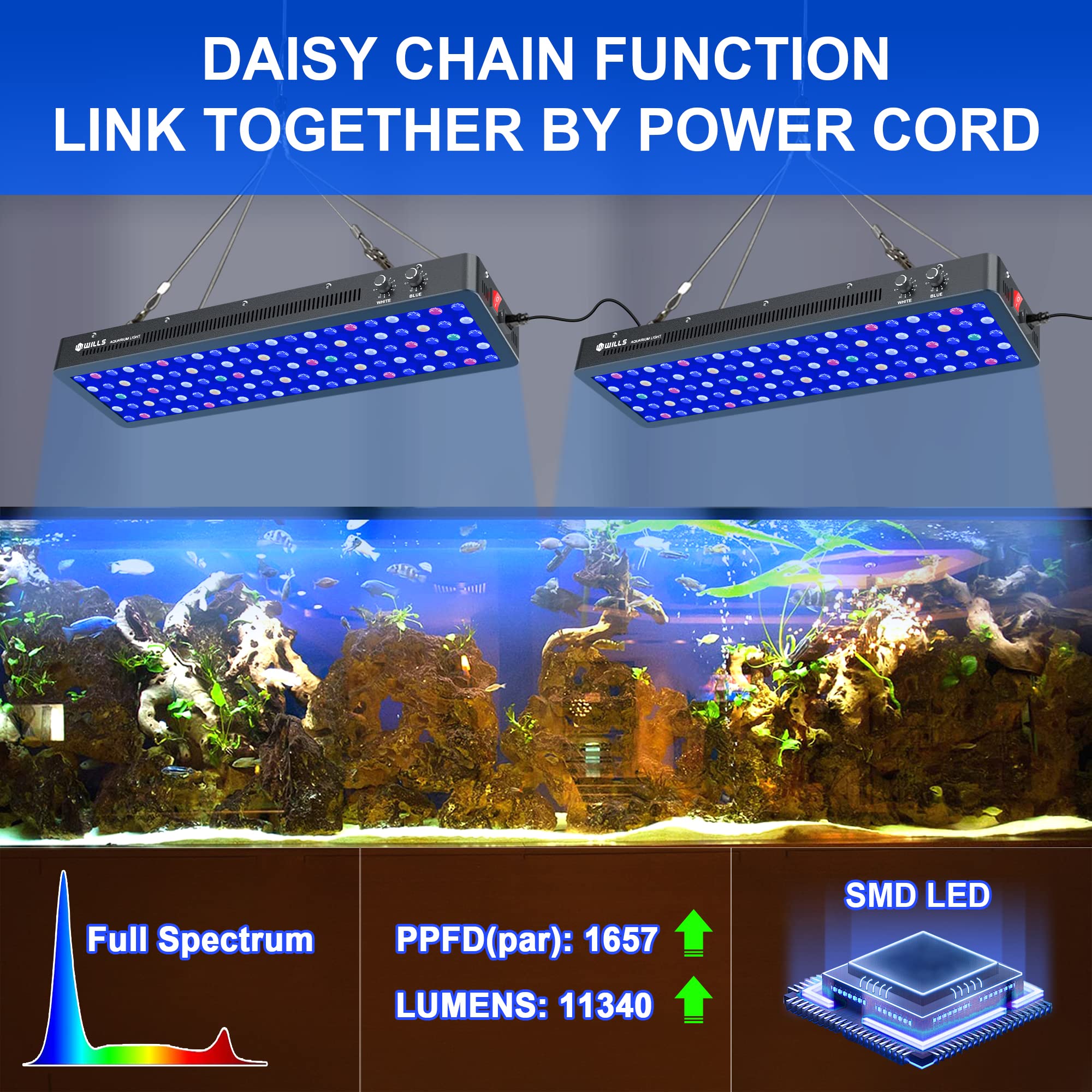 WILLS Full Spectrum Aquarium Light, Reef Lights for Coral with Dual Dimmable Channels, 105 Premium SMD Chips, Daisy Chain Design