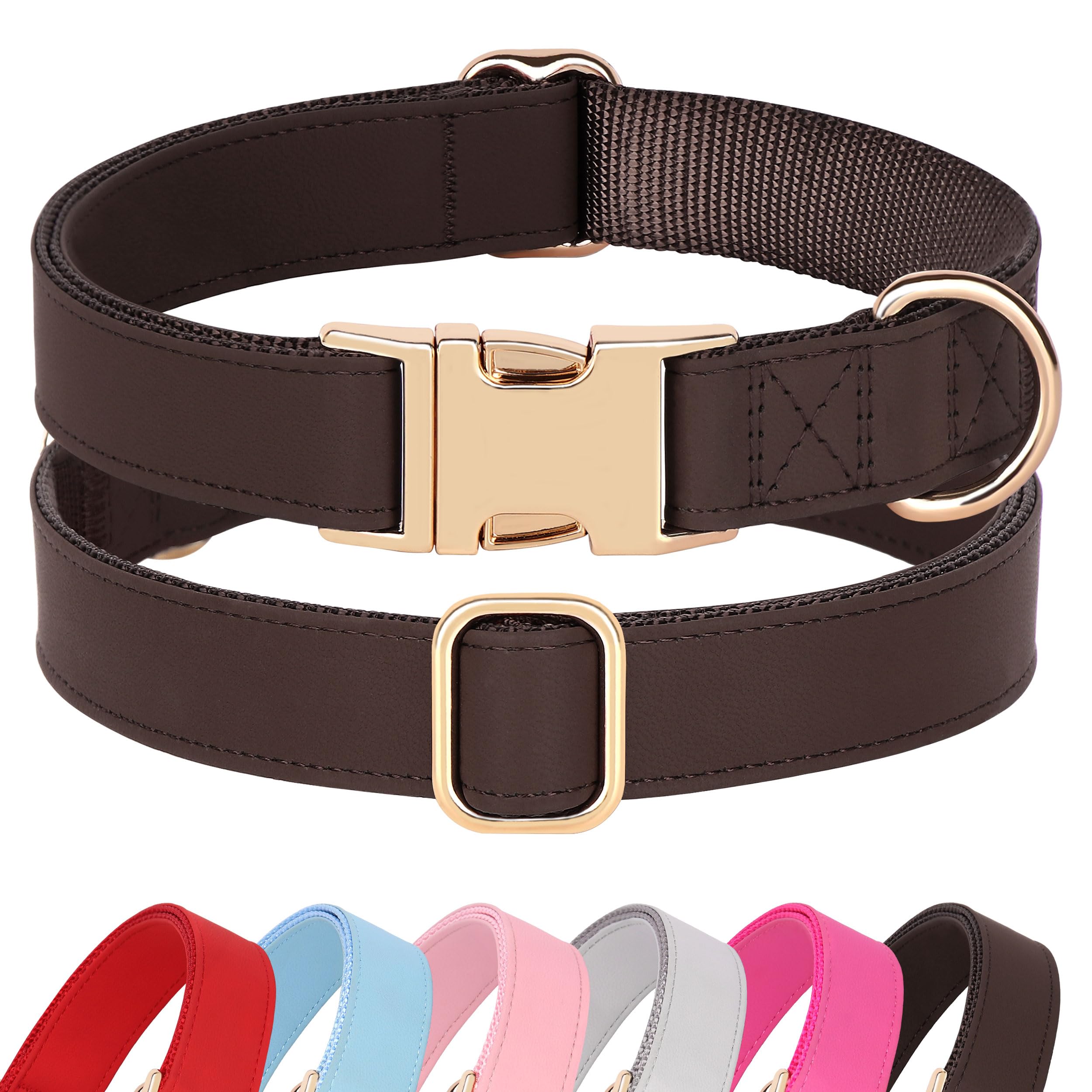Pet Artist Charming Nylon Dog Collar With Leather Soft Comfy Elegant Nylon Collars For Dogs Small Medium Large 4 Bright Solid Color For Choosing Blue Red Brown Grey (Brown,Neck Fit 13-19'')
