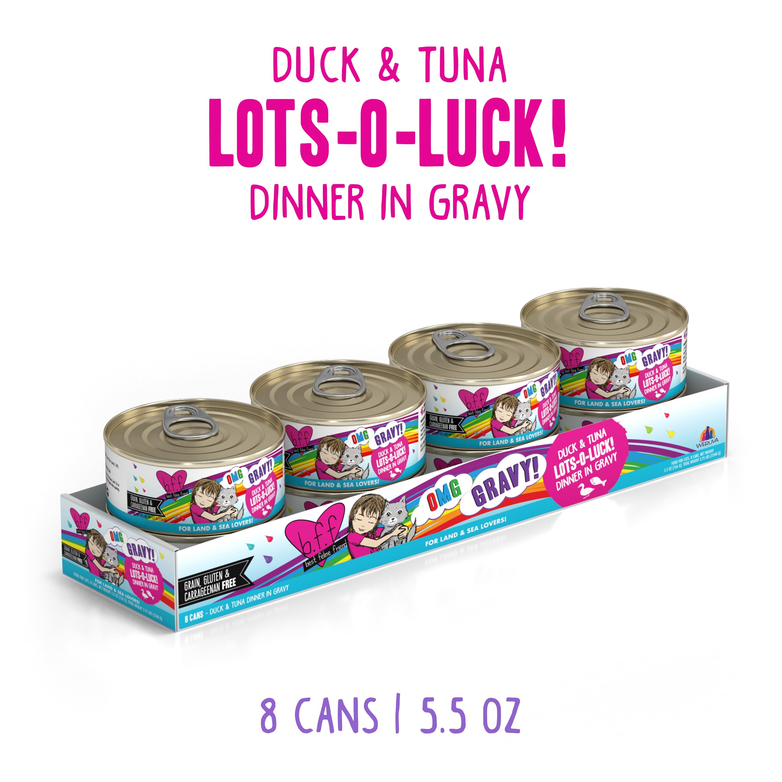 Weruva B.F.F. OMG - Best Feline Friend Oh My Gravy!, Lots-O-Luck! with Duck & Tuna in Gravy Cat Food, 5.5oz Can (Pack of 8)