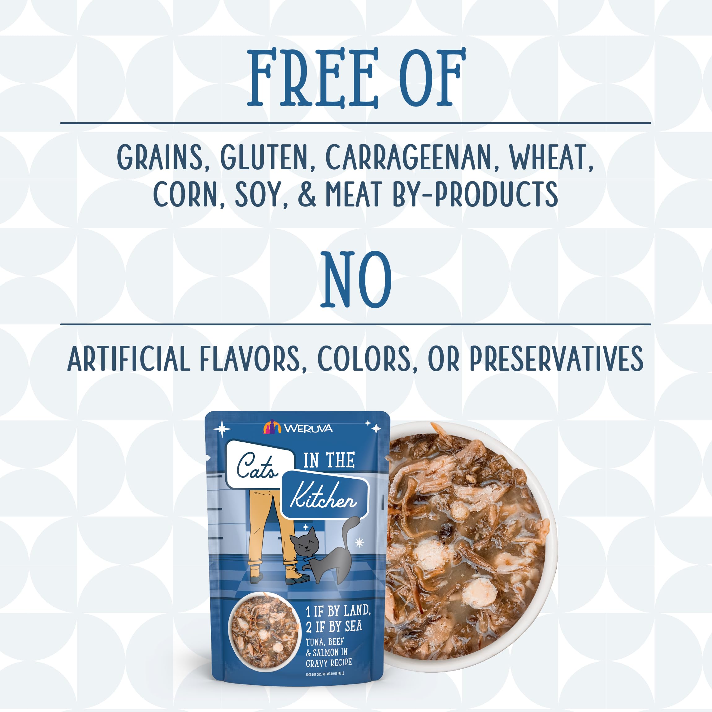 Weruva Cats in The Kitchen, 1 if by Land, 2 if by Sea with Tuna, Beef & Salmon in Gravy Cat Food, 3oz Pouch (Pack of 12)