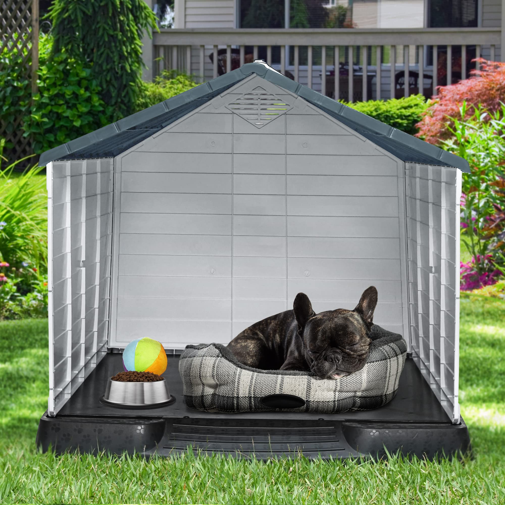 Yitahome 28.5'' Large Plastic Dog House Outdoor Indoor Doghouse Puppy Shelter Water Resistant Easy Assembly Sturdy Dog Kennel Wi
