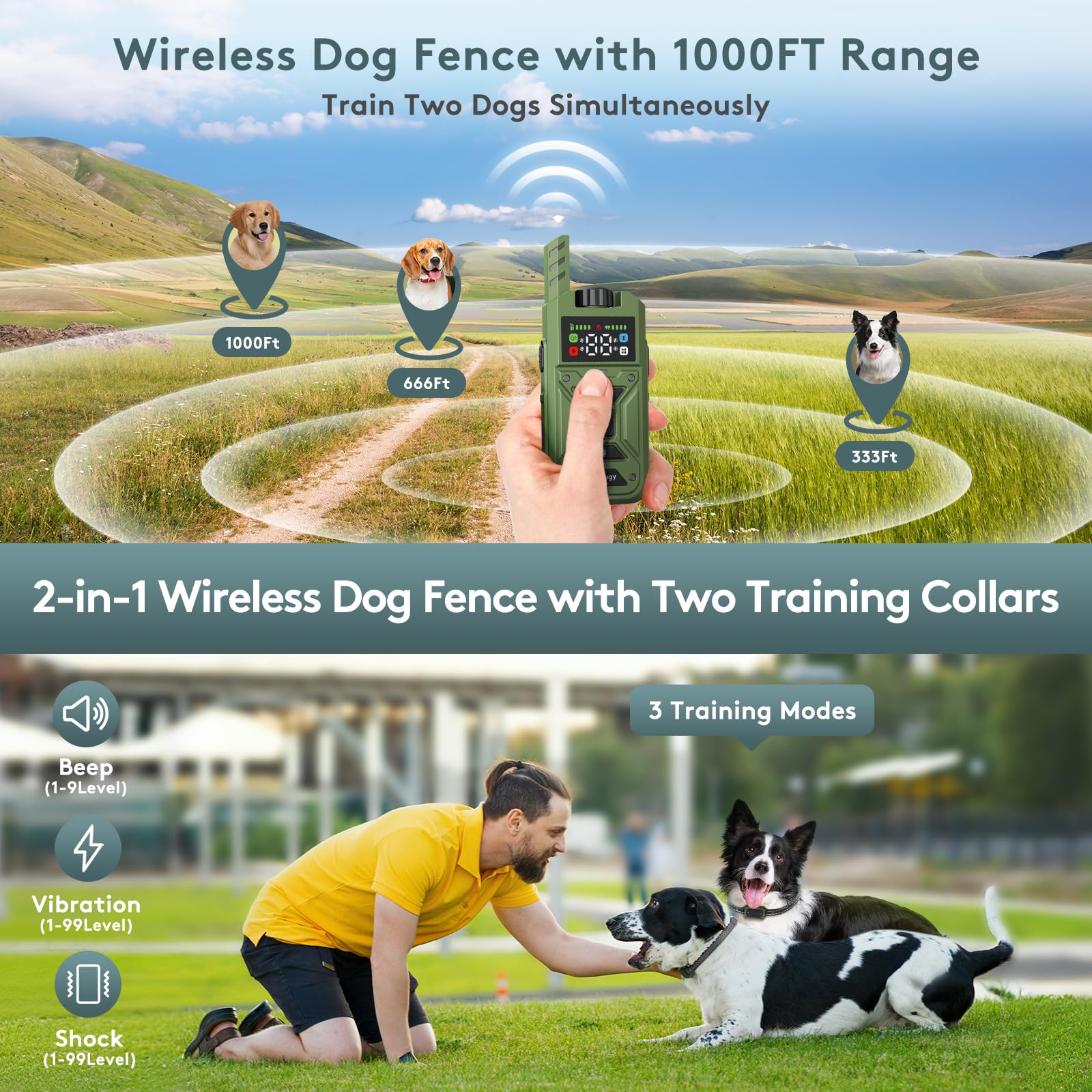 Invisible Dog Fence, Wireless Dog Fence System, Electric Dog Training Collar With Remote, Waterproof Perimeter Dog Collar, 33Ft-