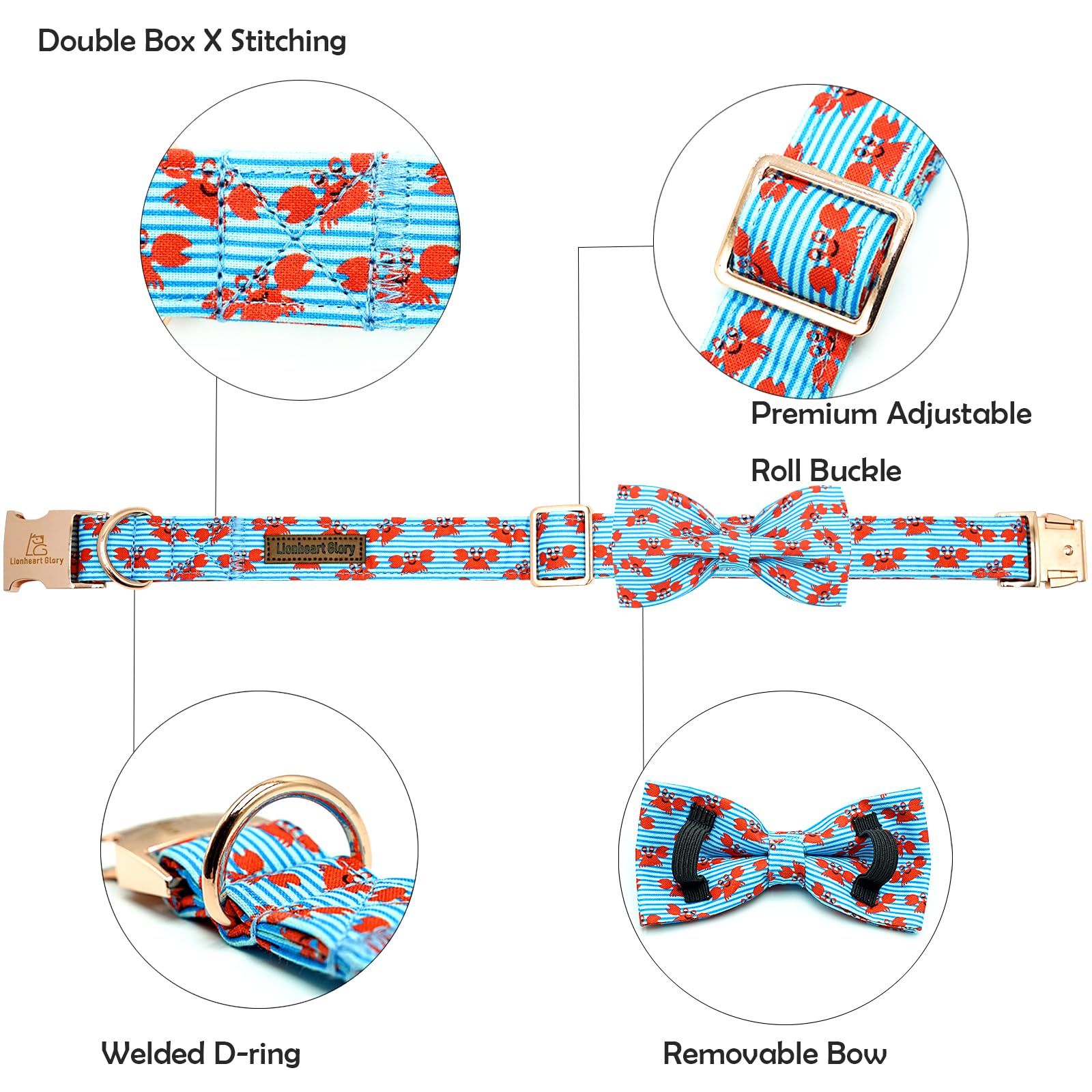Lionheart Blue Dog Collar - Adjustable Stripe Bow Collar for X-Small Dogs