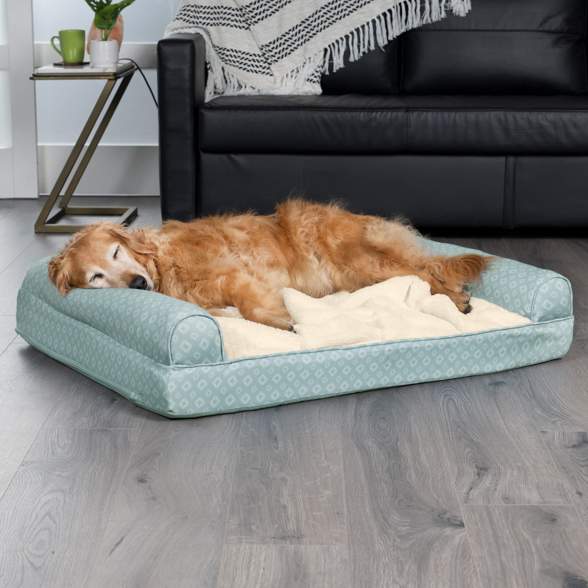 Furhaven Cooling Gel Dog Bed for Large Dogs w/ Removable Bolsters & Washable Cover, For Dogs Up to 95 lbs - Plush & Diamond Prin