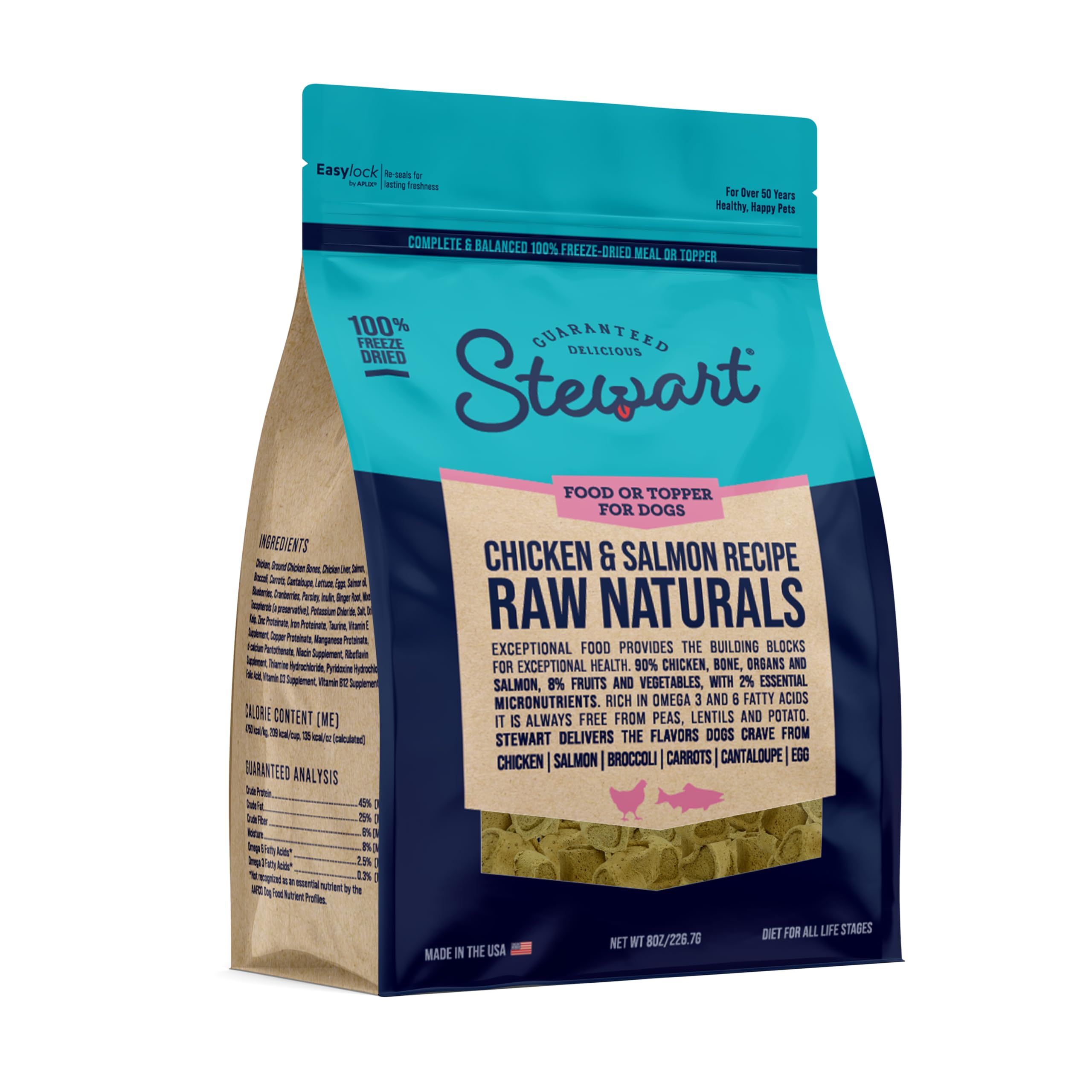 Stewart Raw Naturals Freeze Dried Raw Dog Food or Meal Topper, Chicken and Salmon Recipe, 8 Ounce Bag, Complete and Balanced Nut