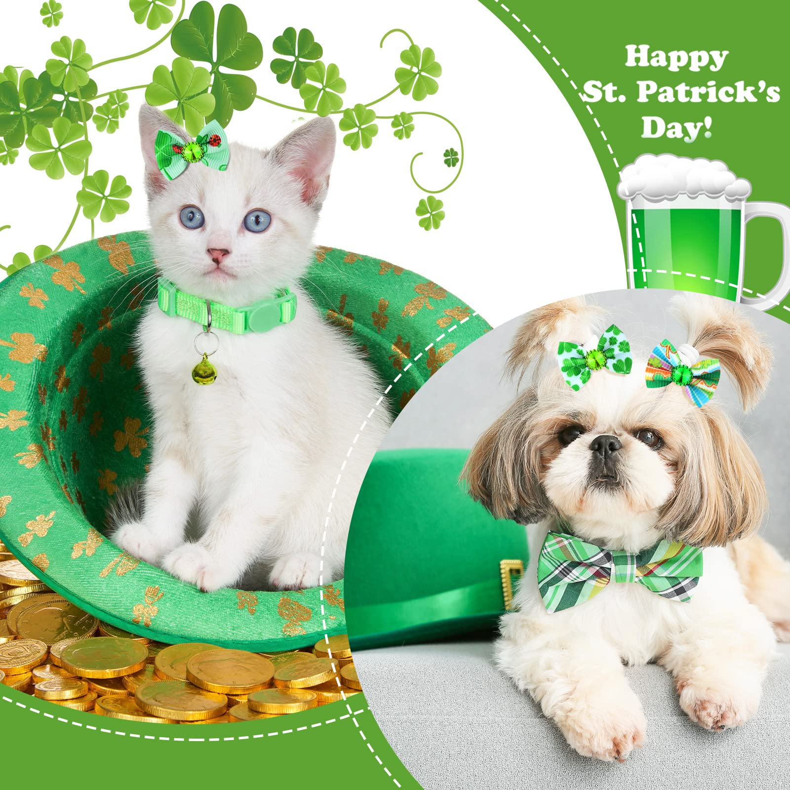 Tondiamo 100 Pack St. Patrick'S Day Dog Hair Bows With Rubber Bands St. Patrick'S Day Puppy Bows Rhinestone Pet Hair Accessories