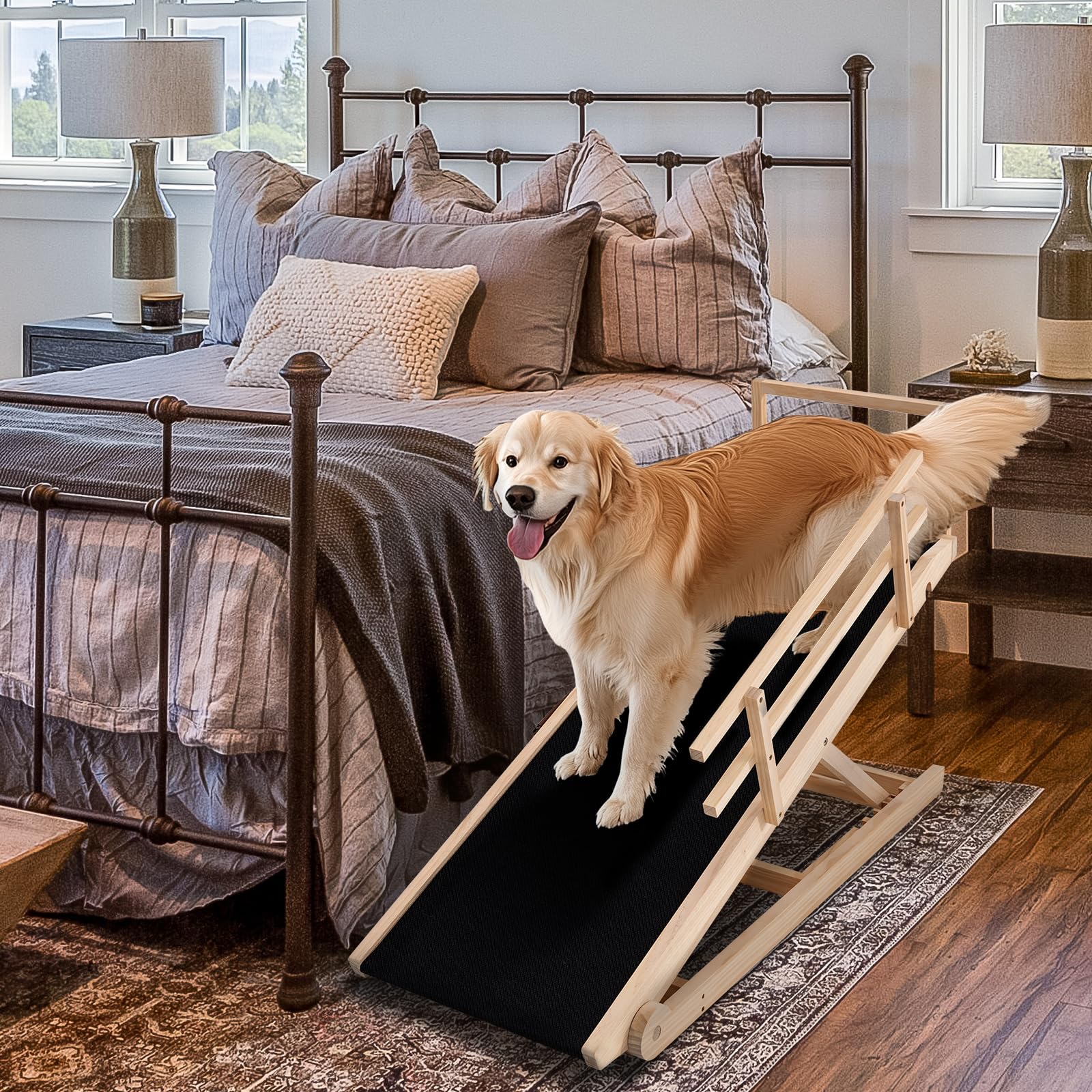 Dog Ramp, 5 Level Adjustable Wooden Folding Pet Ramp For Middle Bed, Couch,Suv-High Traction, Portable Paw Ramps For Small & Lar